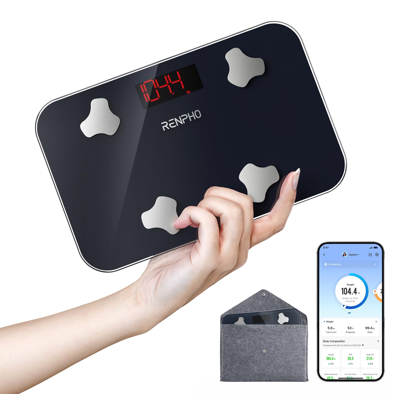 RENPHO Elis Go Smart Digital Bathroom Scale - Portable Travel Scale with Body Fat & Composition Analyzer, Bluetooth App Sync, 400 lbs Capacity, Compact 11.02