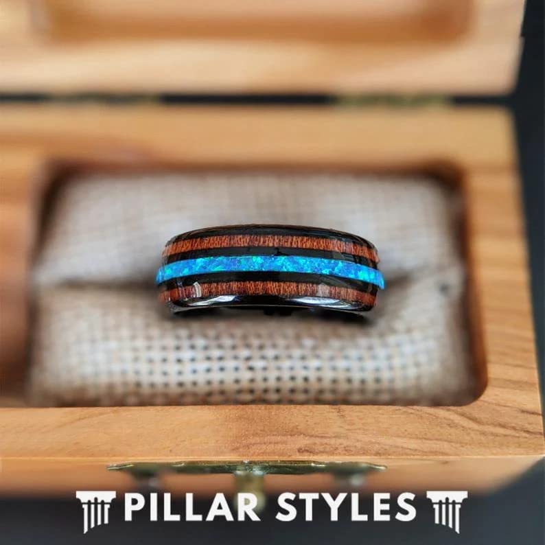 Black Opal Wedding Band for Men - 8mm Tungsten & Hawaiian Koa Wood Ring with Blue Opal Inlays | Unique Comfort Fit Tropical Style Jewelry | Perfect for Anniversary Gifts, Beach Weddings & Hawaiian-Themed Events