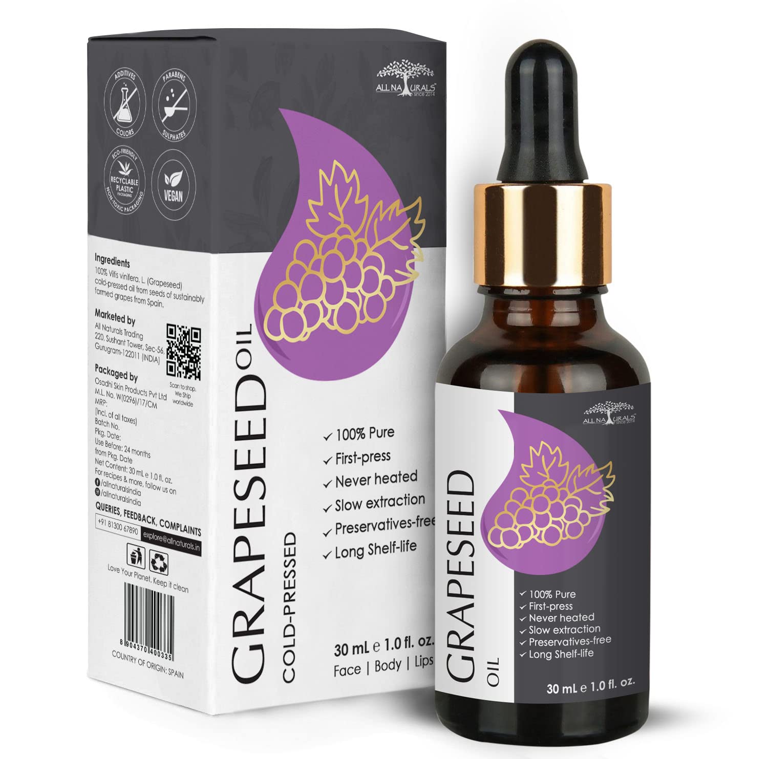 100% Pure Cold Pressed Grapeseed Oil from Spain - Natural Skin Tightening, Acne Treatment & Hair Growth Solution (30ml) - Perfect for Face Care, Massage & DIY Beauty Recipes
