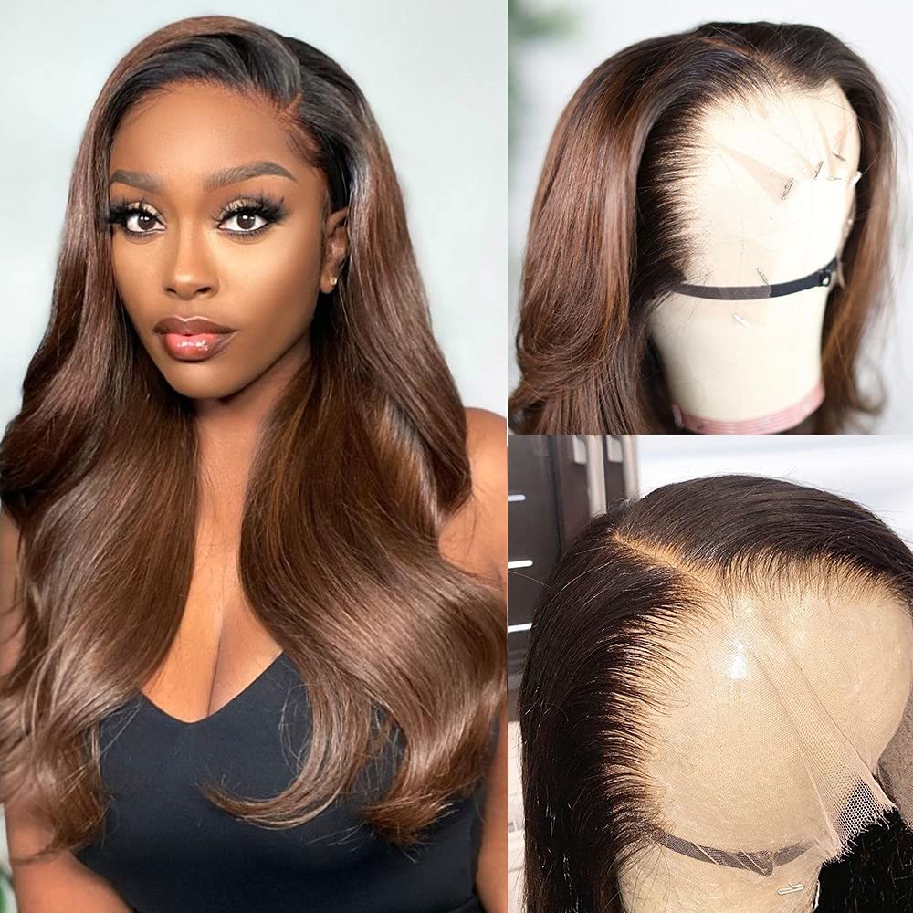 13x6 Lace Front Human Hair Wig - Body Wave Loose Wavy Ombre Brown Brazilian Remy Hair 150% Density 16