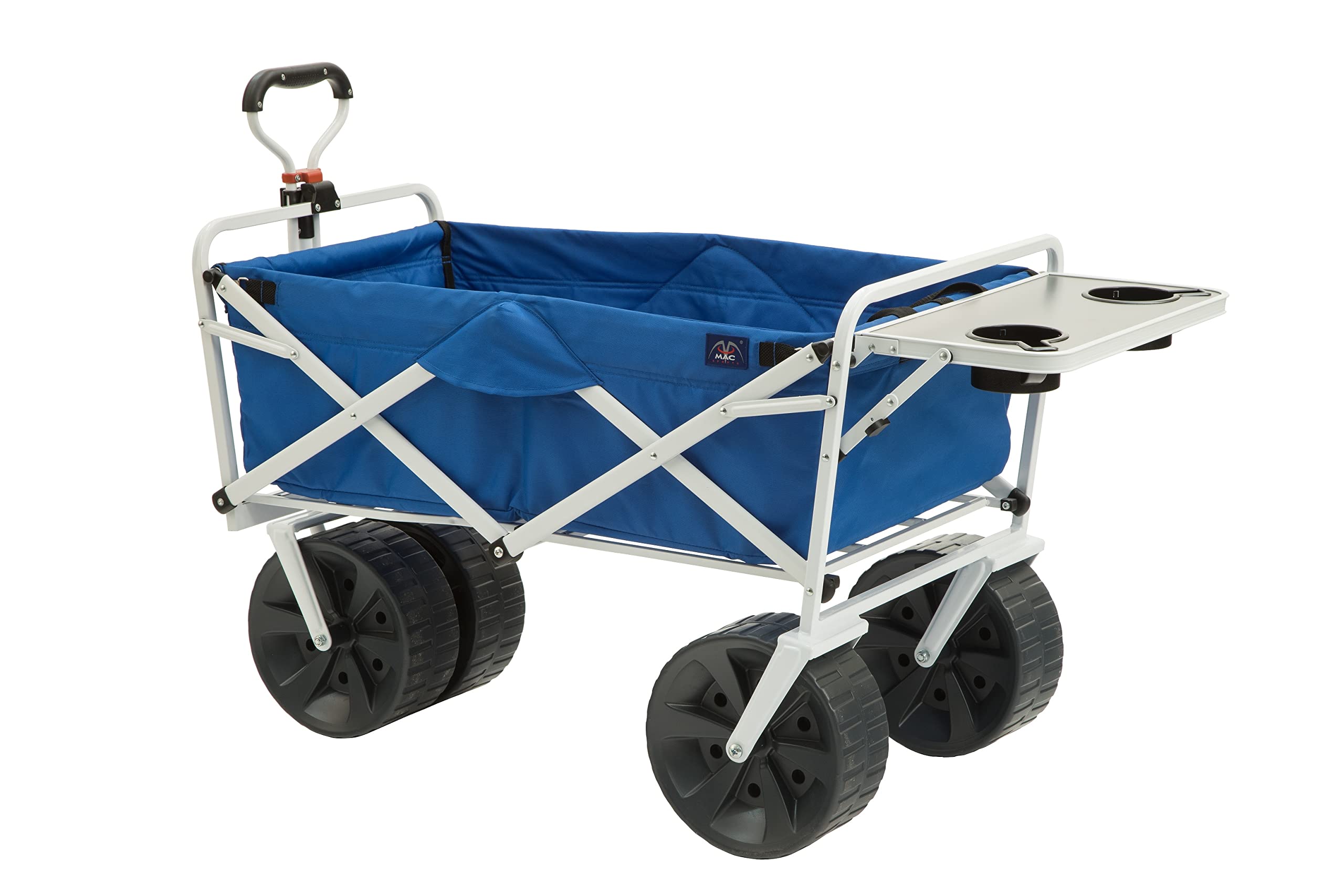MacSports All Terrain Heavy Duty Folding Wagon Cart with Large Wheels & Side Table - Portable Collapsible Utility Cart for Beach, Picnic, Camping, Outdoor Adventures (Blue/White) | Perfect for Sand, Grass & Rough Terrains
