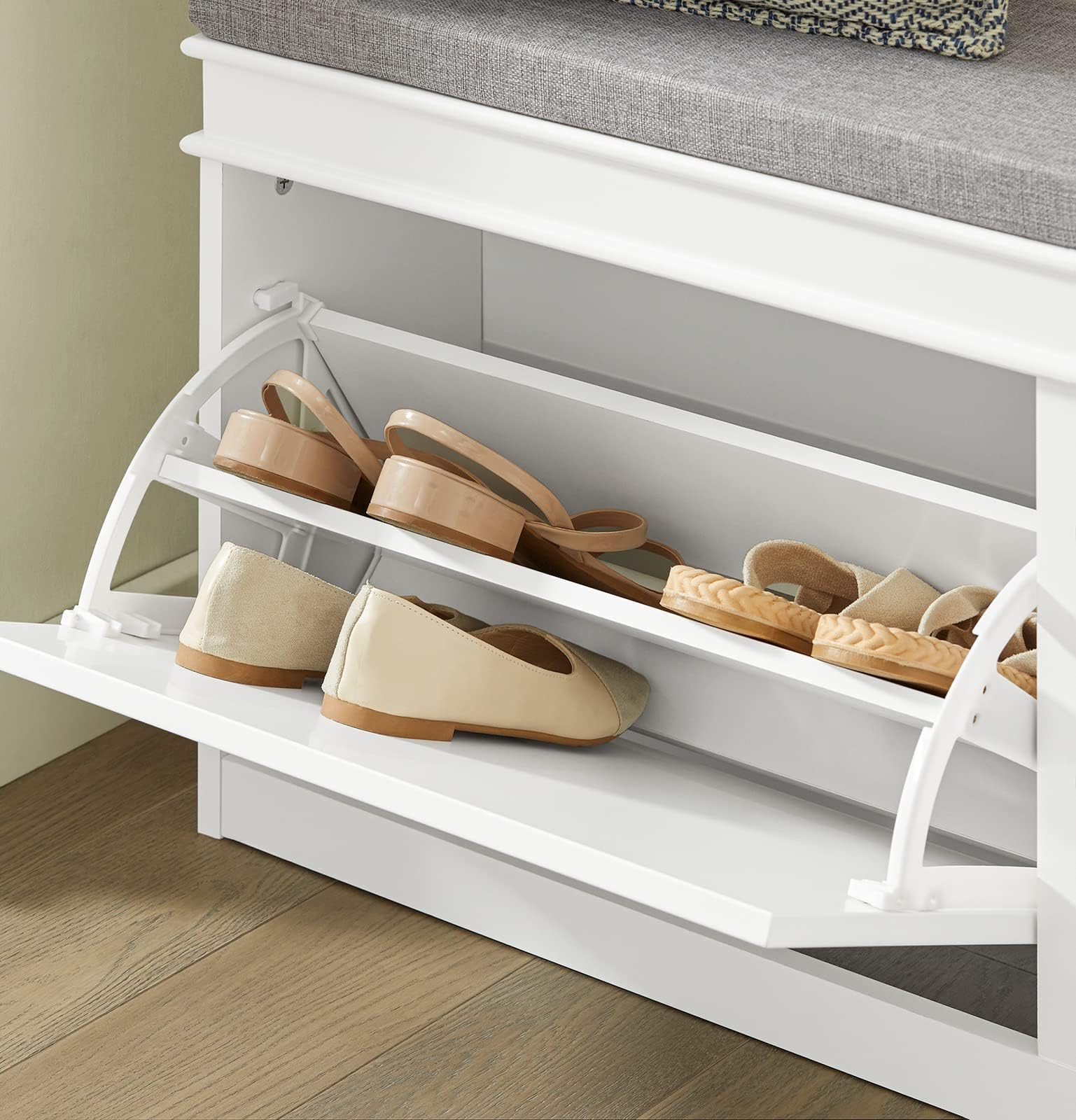 Modern White Shoe Storage Bench with 2 Flip Drawers & Cushion - Entryway Shoe Cabinet Organizer for Hallway, Living Room & Bedroom - FSR64-W