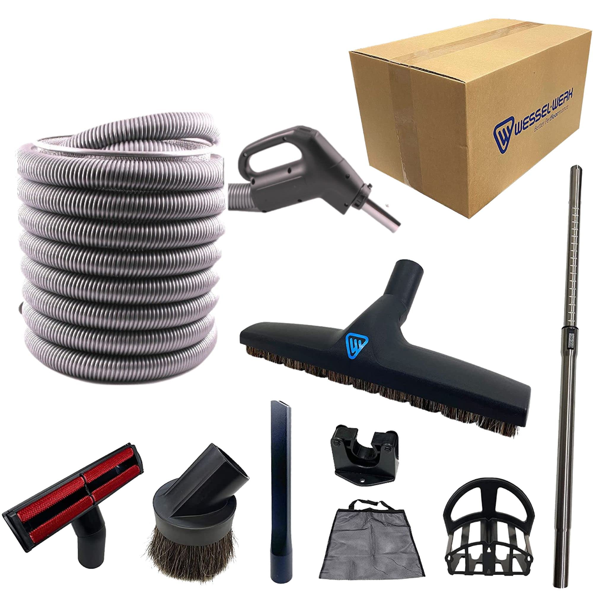 Wessel-Werk Central Vacuum Hose Kit with Floor & Household Attachments - Crushproof Vacuum Hose with On/Off Switch Control - Ideal for Home Cleaning, Car Detailing & Pet Hair Removal