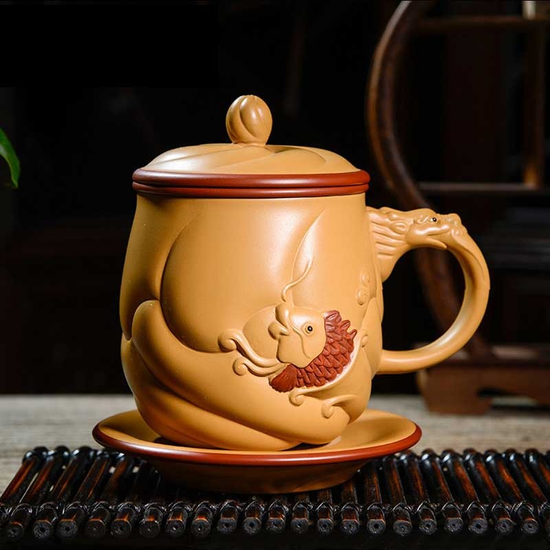 Premium Yixing Yellow Clay Fish & Dragon Tea Cup - Handcrafted Chinese Ceramic Teacup for Gongfu Tea Ceremony, Perfect Gift for Tea Lovers