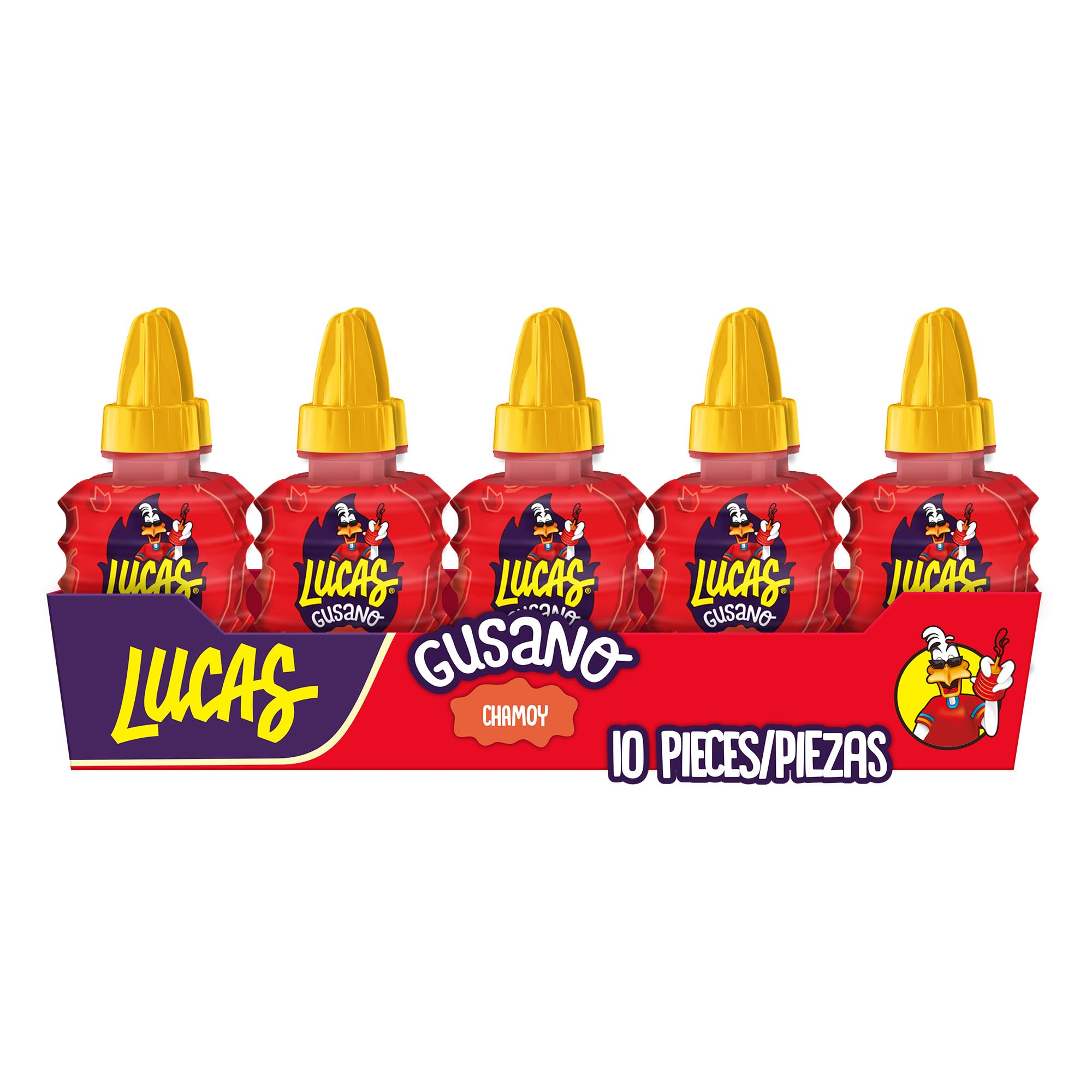 Lucas Gusano Fruity Chamoy Flavored Liquid Spicy Candy - 10 Pack (1.26oz) | Sweet & Spicy Mexican Treat for Kids & Adults | Perfect for Snacks, Parties, Piñatas & Movie Nights