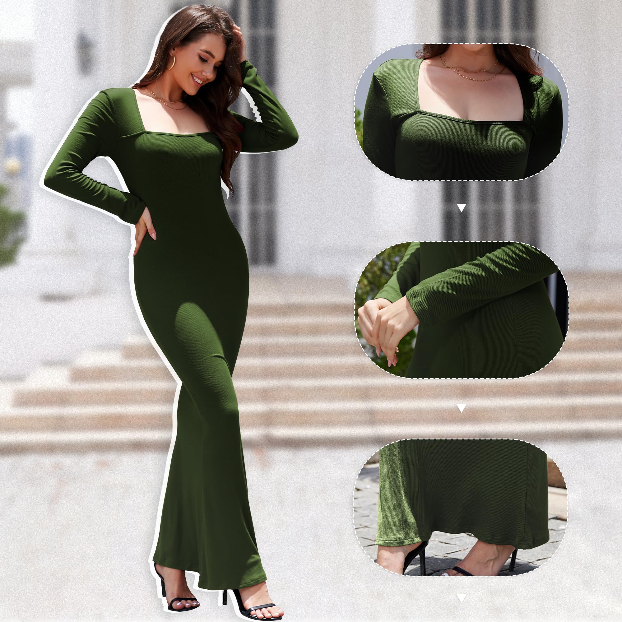 Elegant Women's 2025 Spring Long Sleeve Square Neck Ribbed Knit Bodycon Maxi Dress for Evening Party, Casual Wear & Special Occasions