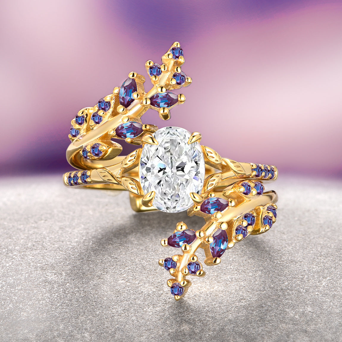 Moissanite & Alexandrite Leaf Engagement Ring Set - 14K Solid Yellow Gold Wedding Band, Nature-Inspired Bridal Jewelry for Proposals, Anniversaries & Special Occasions