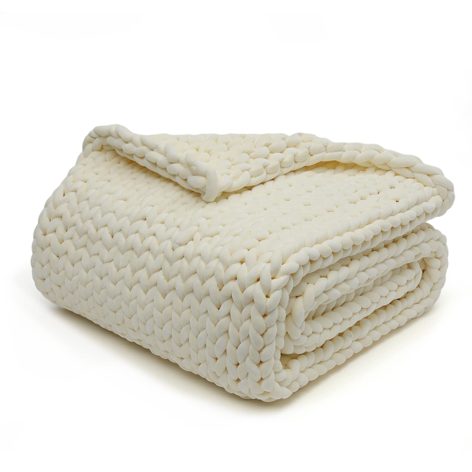 YnM Velvet Weighted Blanket 15lbs - Handmade Chunky Knit Throw Blanket for Adults, Soft & Cozy Temperature Regulating Fabric, Machine Washable (60x80 Inches, Cream) - Perfect for Anxiety Relief, Better Sleep & Stylish Home Decor