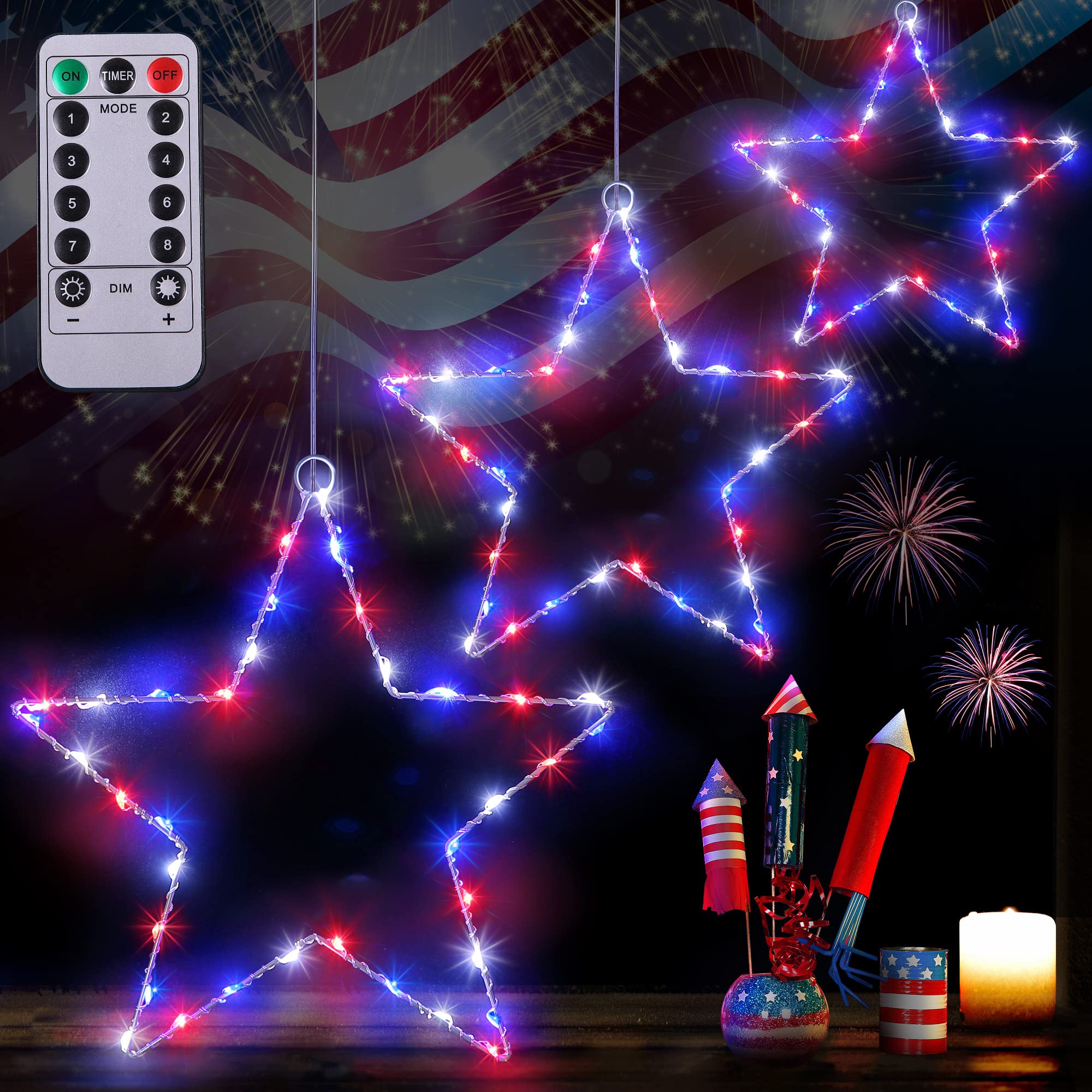 3 Pack 4th of July Decorations - 11.8 Inch Patriotic LED Window Lights with 36 LEDs & 8 Modes (Red, White, Blue) | USB Powered Independence Day Decor for Home, Party, Memorial Day & Outdoor Celebrations