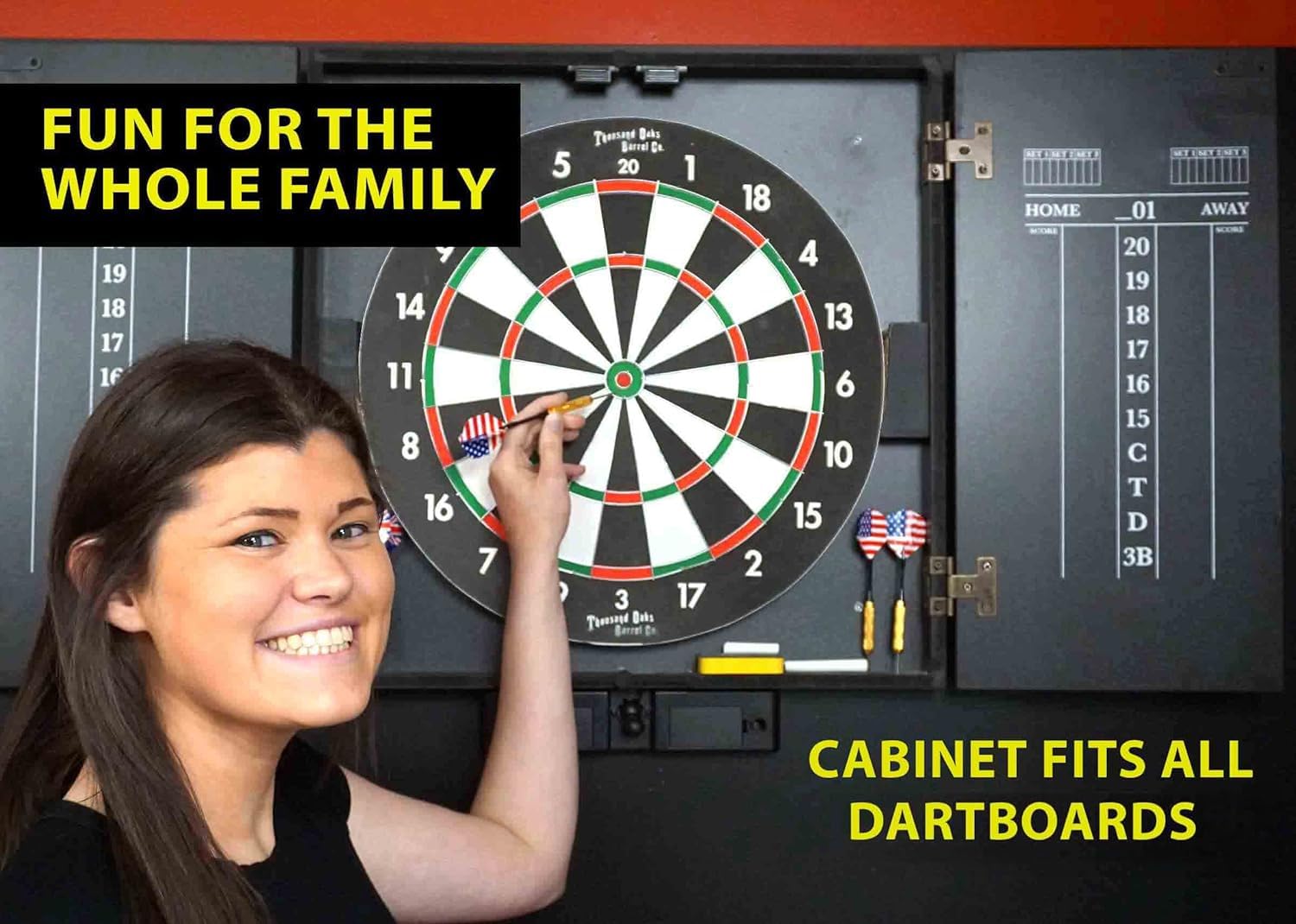 THOUSAND OAKS BARREL CO. Personalized Dartboard & Cabinet Set with 6 Steel Tip Darts - Premium Wooden Dart Board Game Set for Home, Bar, or Game Room Entertainment