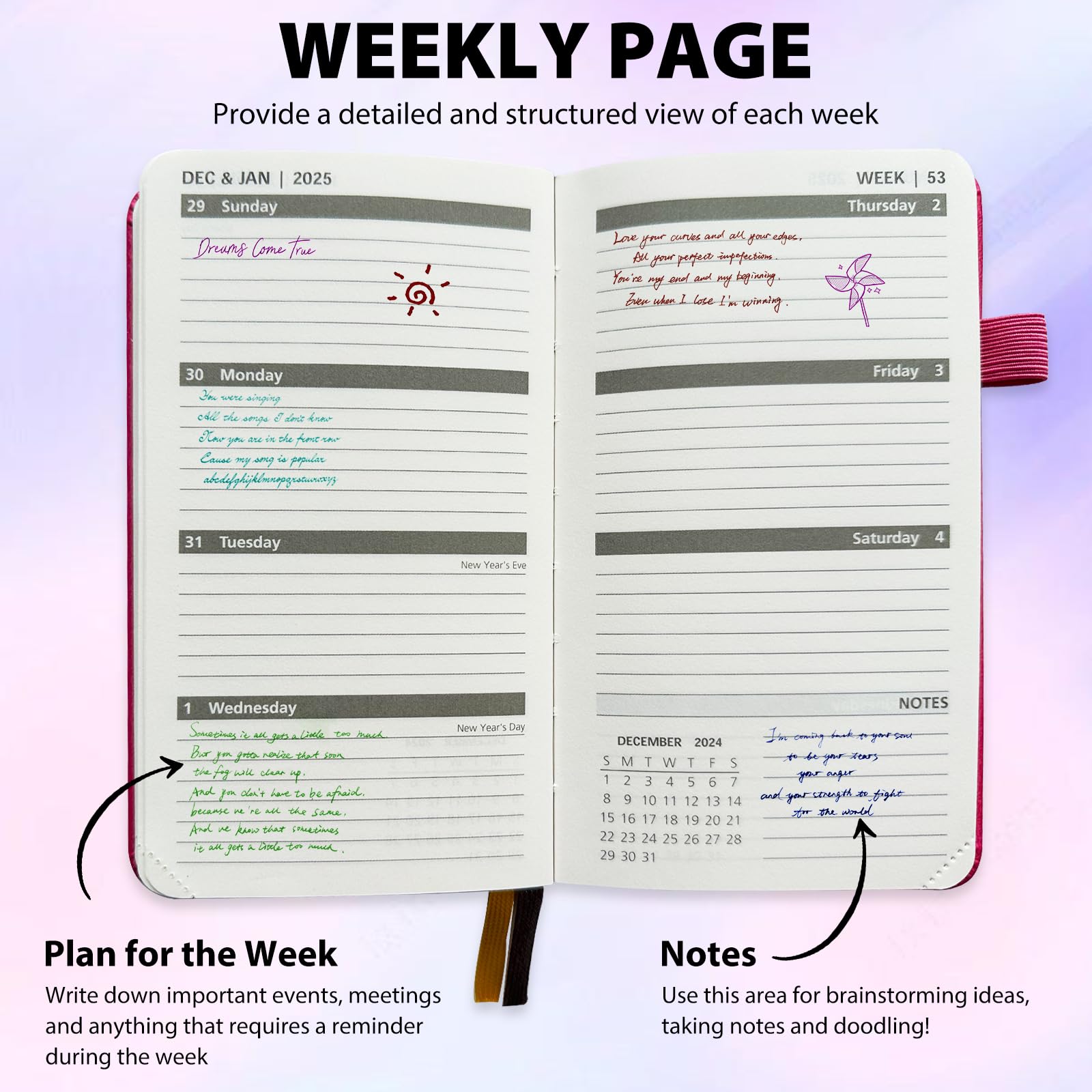 2025 Pocket Calendar Planner - Weekly & Monthly Agenda with Vegan Leather Hard Cover, Elastic Closure, Inner Pocket & Pen Holder - 3.5