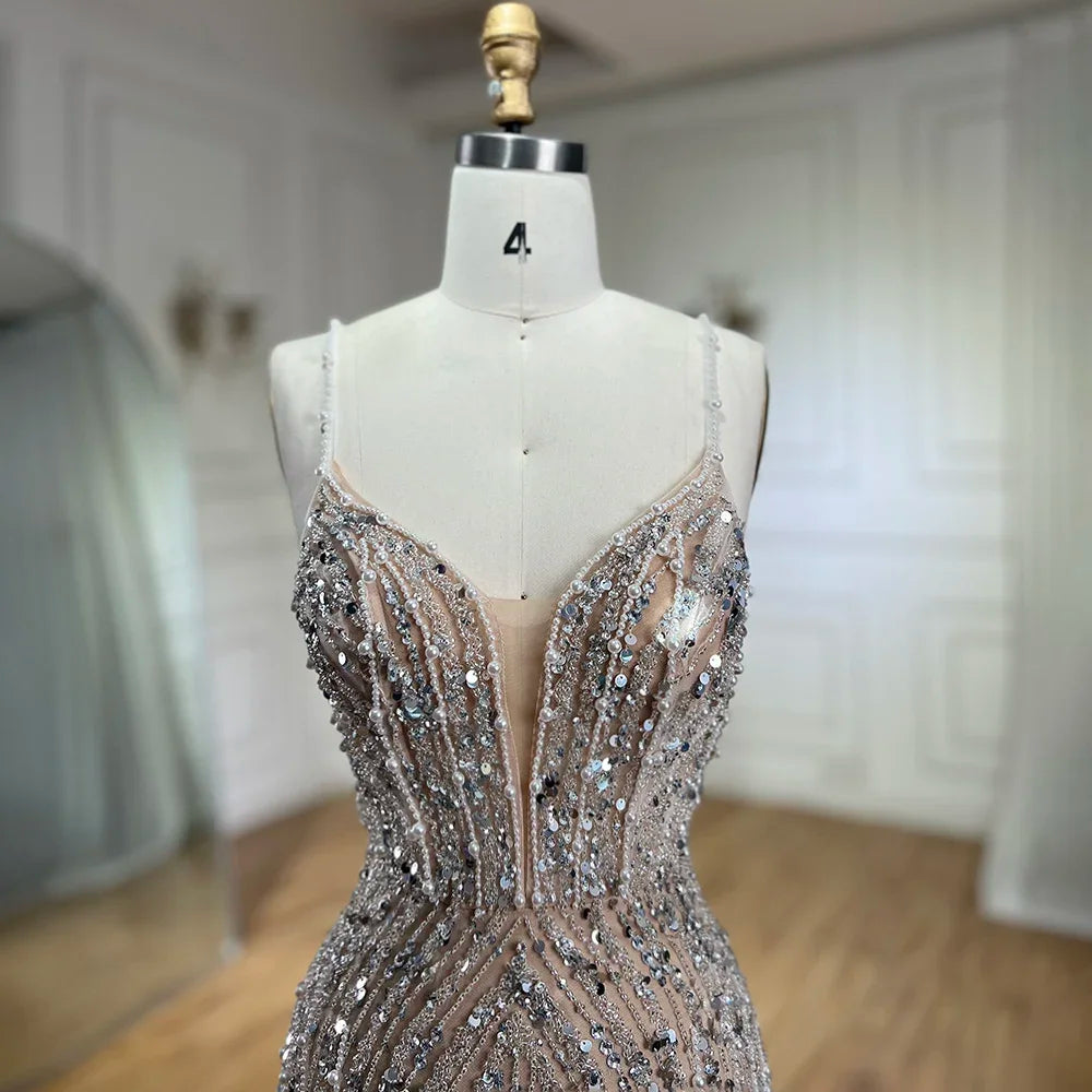 Elegant Silver Beaded Mermaid Evening Dress with Split Strap - Women's Prom Gown for Party & Special Occasions | LA72047B | Perfect for Weddings, Galas, and Formal Events
