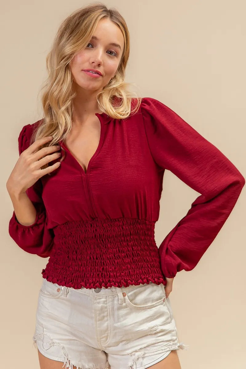 BiBi Smoking Waist Band & Puff Sleeves Deep V Neck Top - Sexy Women's Blouse for Night Out, Party & Date Night