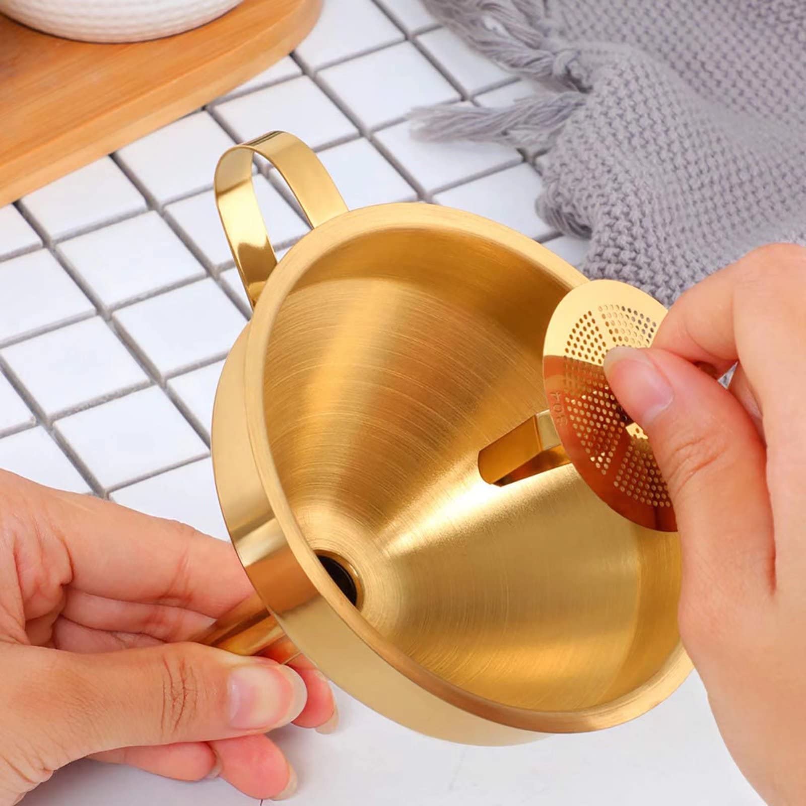 Premium 5-Inch Stainless Steel Kitchen Funnel Set with 2 Detachable Filters & Cleaning Brush - Food Grade Metal Funnel for Liquids, Powders, Oil, Baking, Home Brewing & DIY Projects (Gold)
