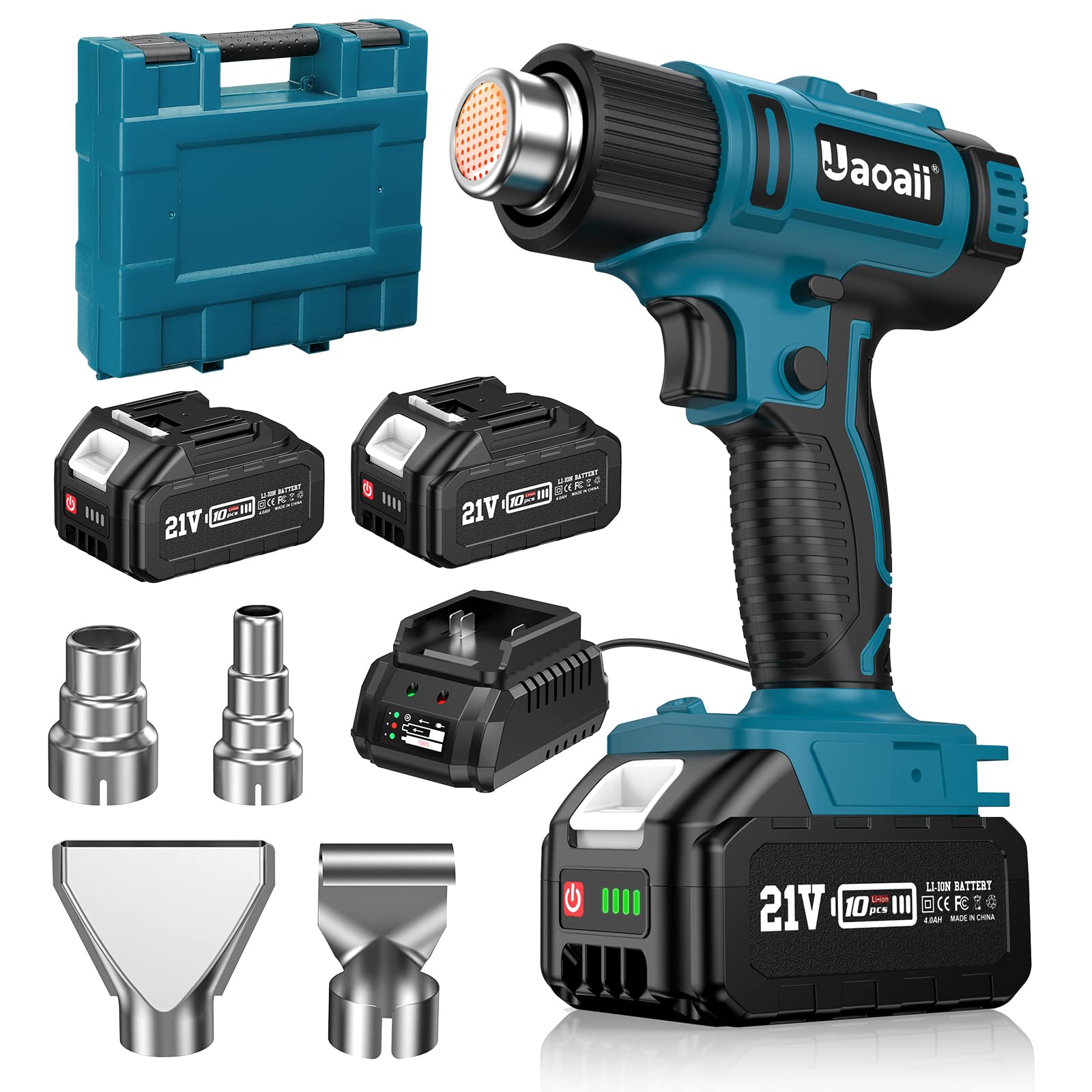 **Uaoaii 21V Cordless Heat Gun with 2x 4.0Ah Batteries, 4 Nozzles & LED Light - 1022°F (550°C) for Crafts, Shrink Tubing, Resin, Decorating - Perfect for DIY, Home Repairs & Professional Use**
