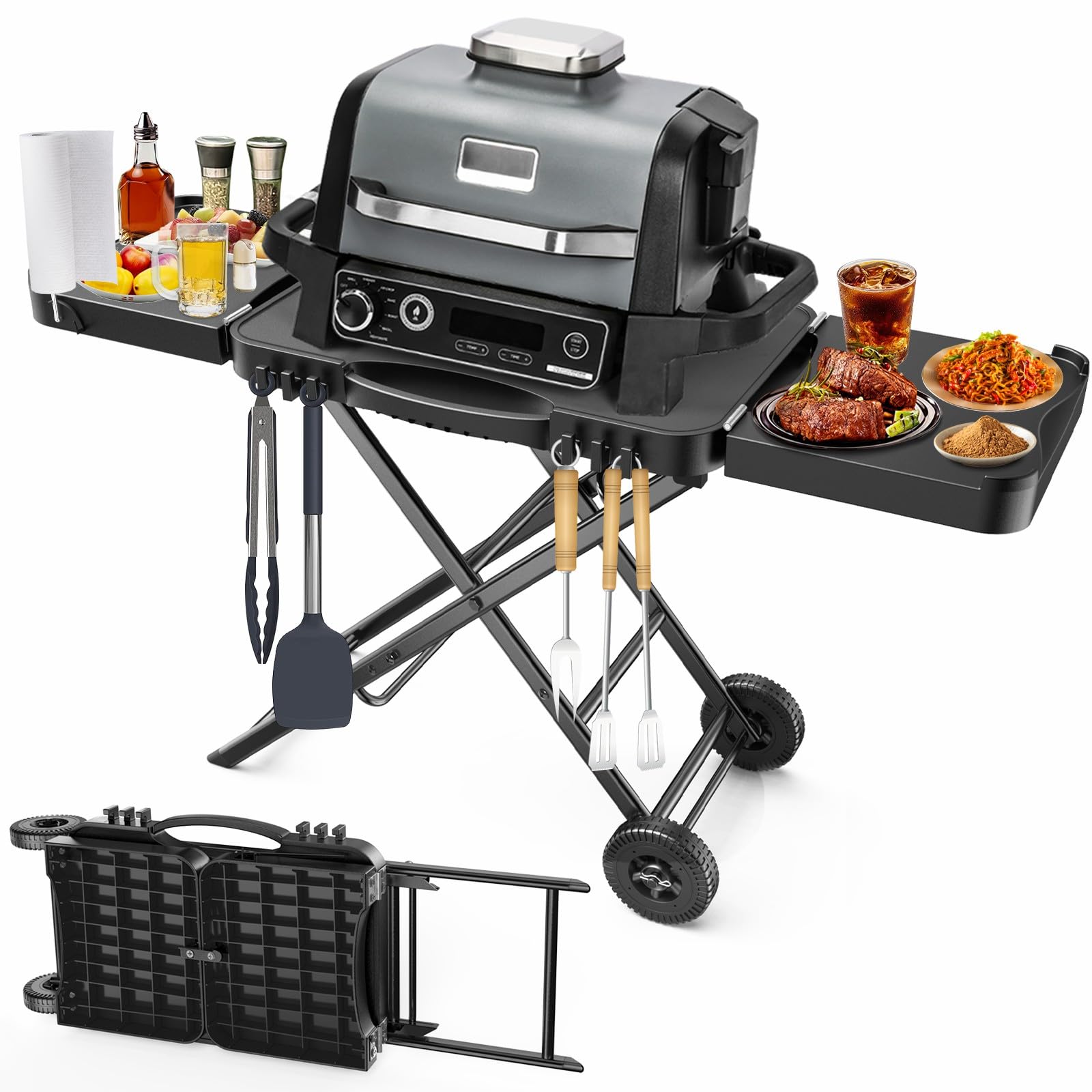 Portable Indoor Grill Table Stand for Ninja Woodfire Outdoor Grill (OG701 OG850 OG951 Series) - 51in Large Folding Camping Tailgating Table with Wheels for Blackstone Griddle, Onni Pizza Oven - Perfect for Backyard BBQ, Tailgate Parties & Outdoor Cooking
