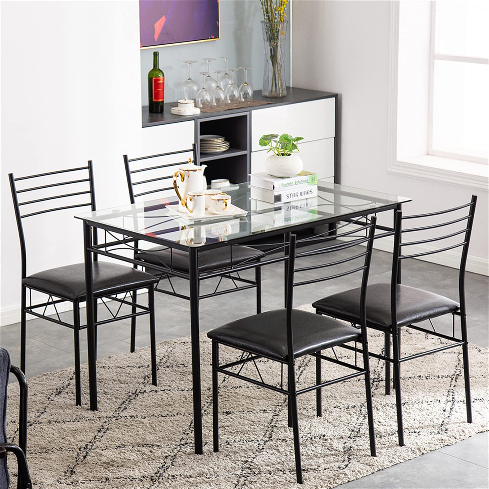 Modern 4-Piece Tempered Glass Dining Table Set with Stainless Steel Frame & PU Leather Chairs - Space-Saving Kitchen Table for Small Apartments, Breakfast Nooks & Cozy Dining Areas