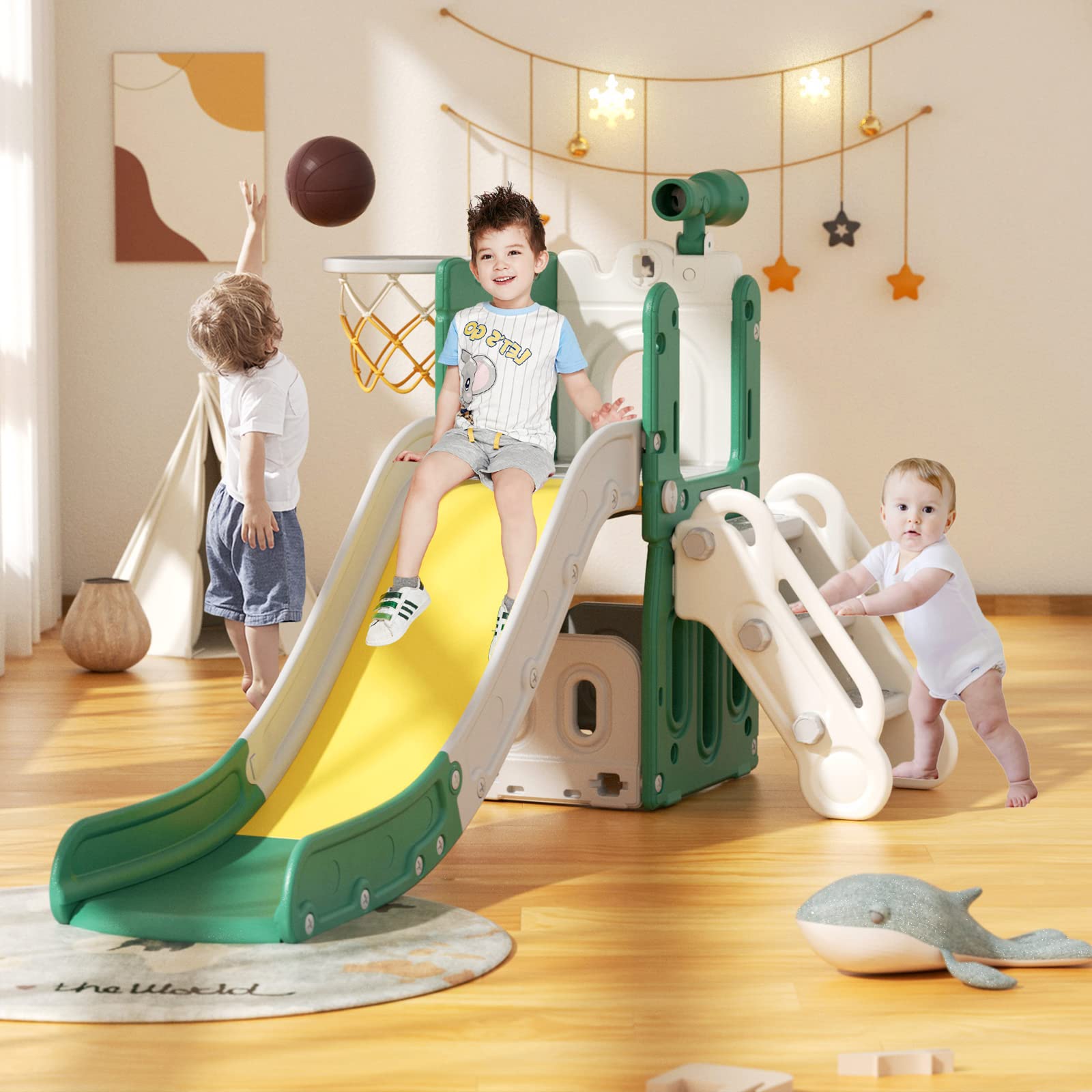 KORIMEFA 5-in-1 Toddler Slide & Playground Set for Kids Ages 1-5 | Indoor/Outdoor Backyard Playset with Slide, Basketball Hoop, Telescope Climber & Storage | Perfect for Home, Daycare & Playroom (Yellow/Green)