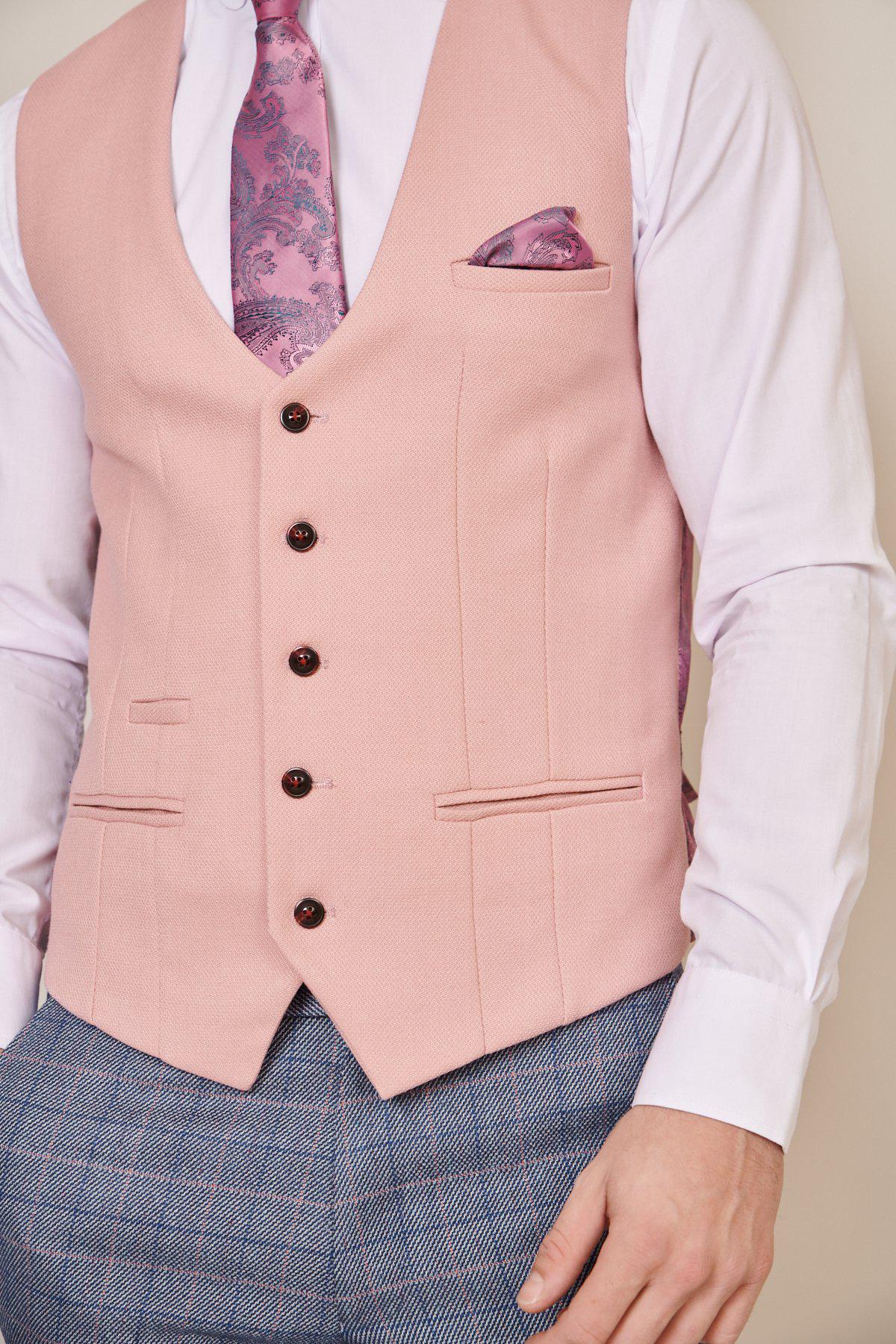 BROMLEY Men's Stone Check Suit with Kelvin Pink Waistcoat - Formal Business Attire for Weddings, Office & Special Occasions