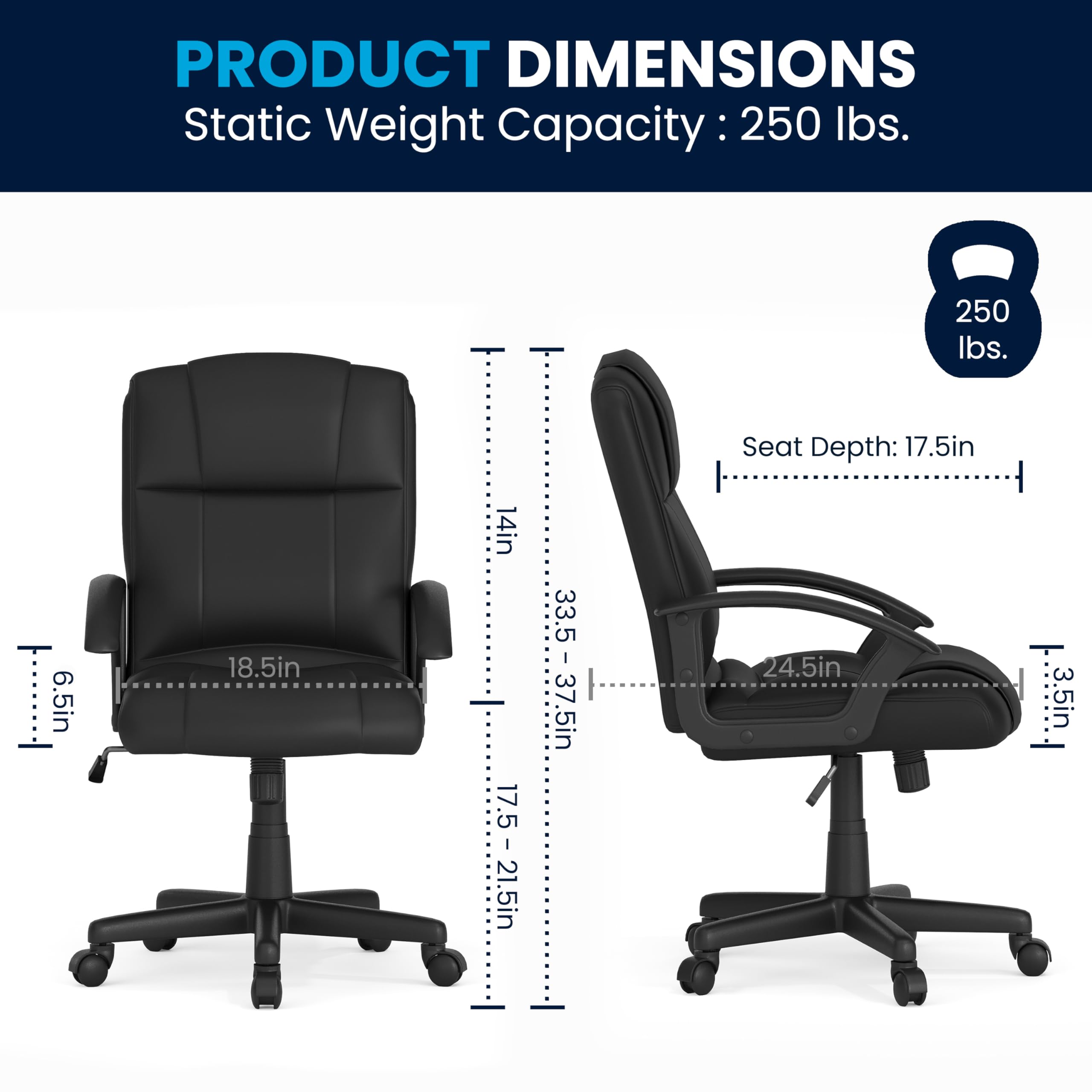 Ergonomic Mid-Back Black Leather Office Chair with Soft Padded Seat & Adjustable Arms - Perfect for Home Office, Gaming & Workspace Comfort