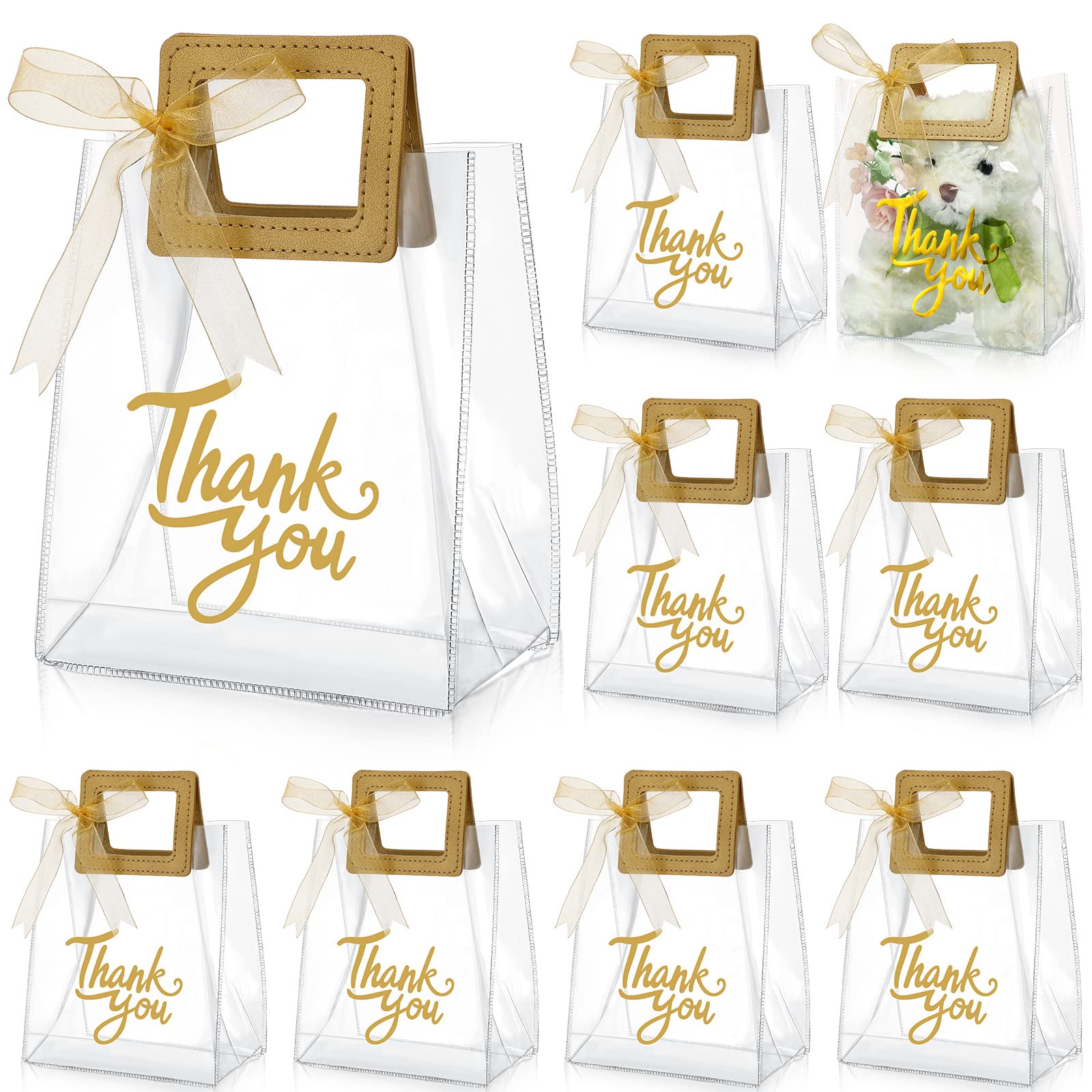 Sabary 12 Pack Clear PVC Gift Bags with Handles - 7x4x8 Inch Reusable Heavy Duty Transparent Tote Bags for Thank You Gifts, Bridal Showers, Baby Showers, Weddings & Birthdays (Gold) - Perfect for Party Favors, Retail Packaging & Event Decorations