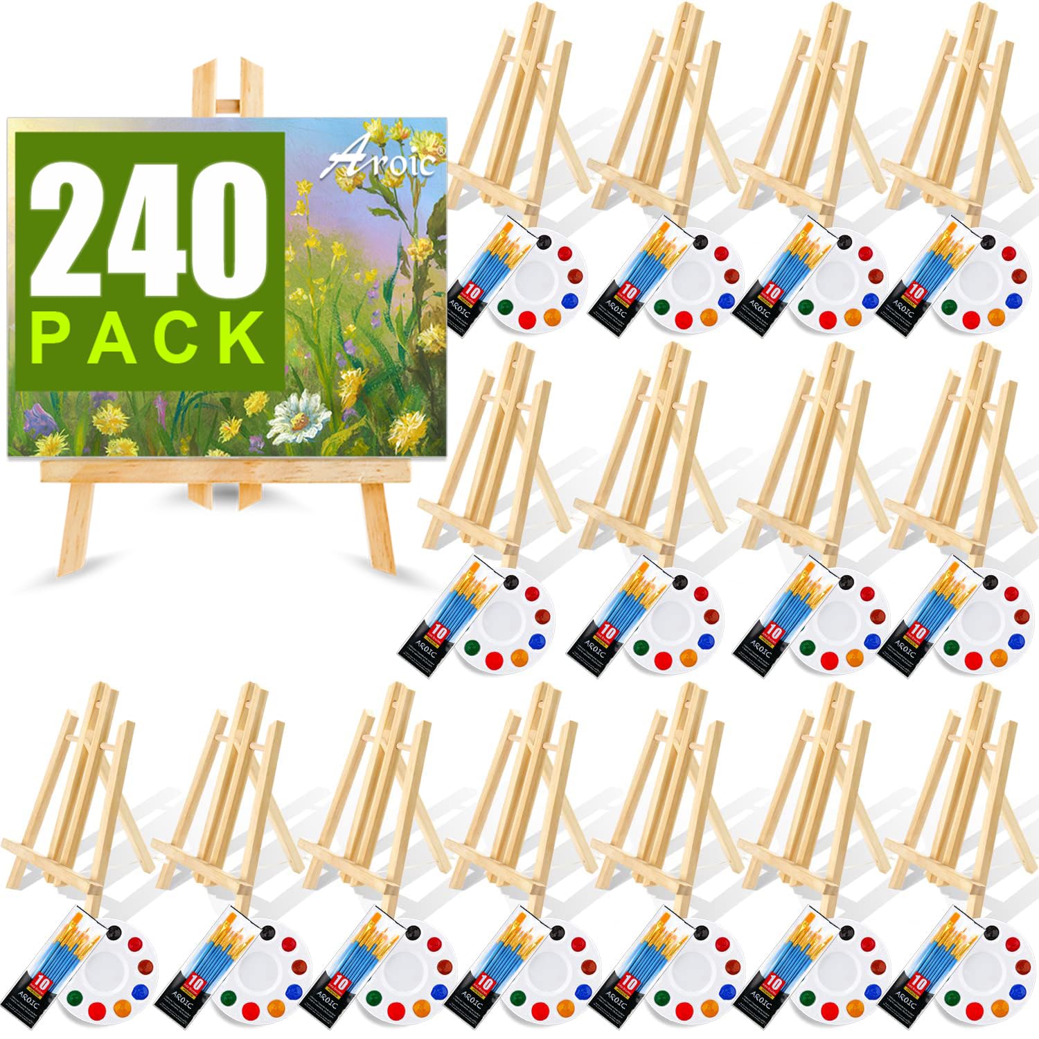 240-Piece Professional Painting Kit with 20 Wooden Easels, 200 Nylon Brushes & 20 Palettes - Complete Art Supplies for Kids & Adults - Perfect for Painting Parties, Art Classes & DIY Home Decor Projects