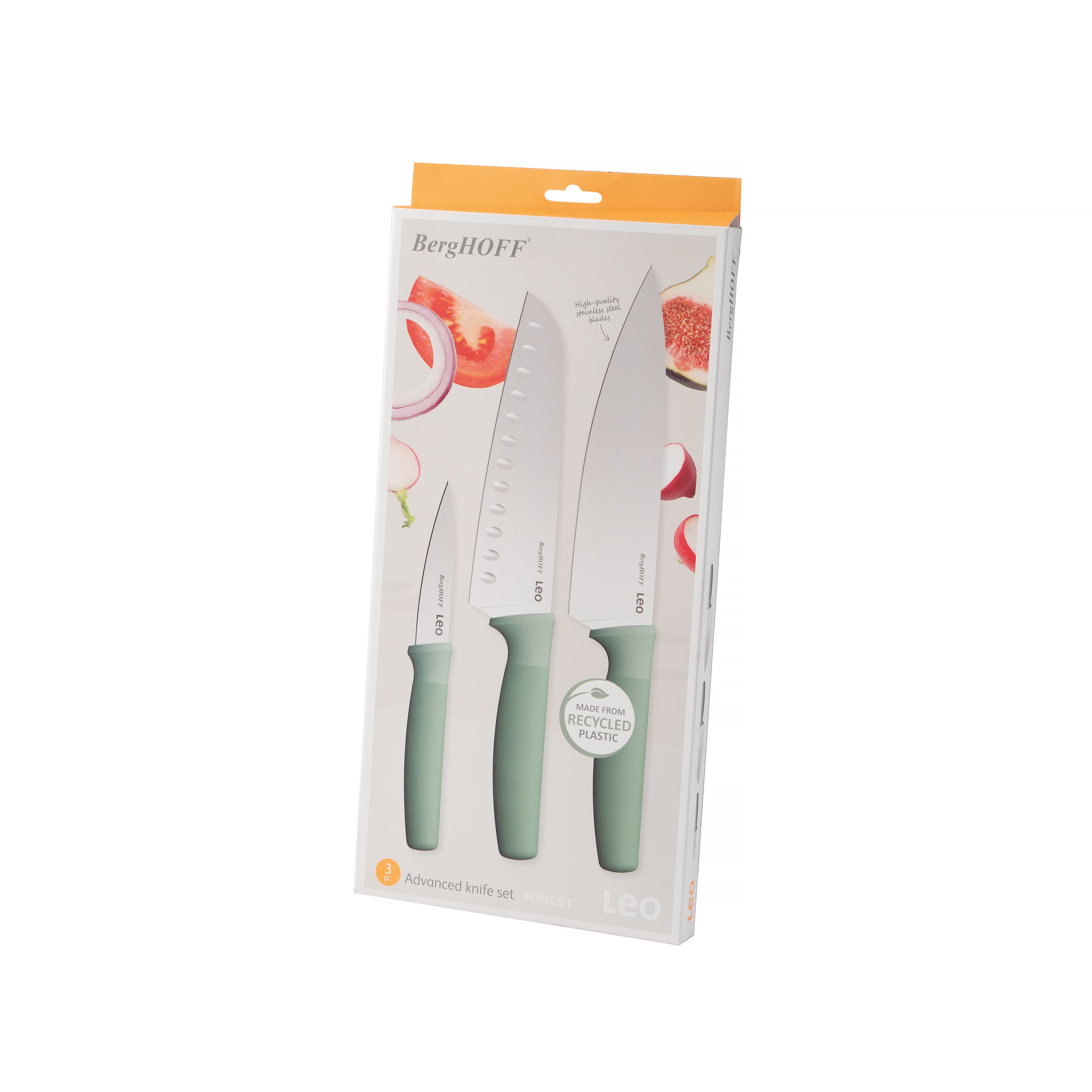 BergHOFF Leo Forest 3-Piece Stainless Steel Knife Set with Recycled Material - Premium Kitchen Cutlery for Slicing, Dicing & Chopping - Perfect for Home Chefs & Cooking Enthusiasts