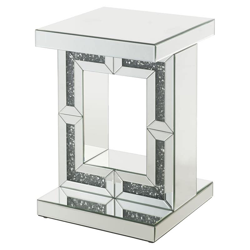 Acme Noralie Glass Accent Table with Pedestal Base - Elegant Mirrored Finish & Faux Diamond Decor | Perfect for Living Room, Bedroom, or Entryway Decor