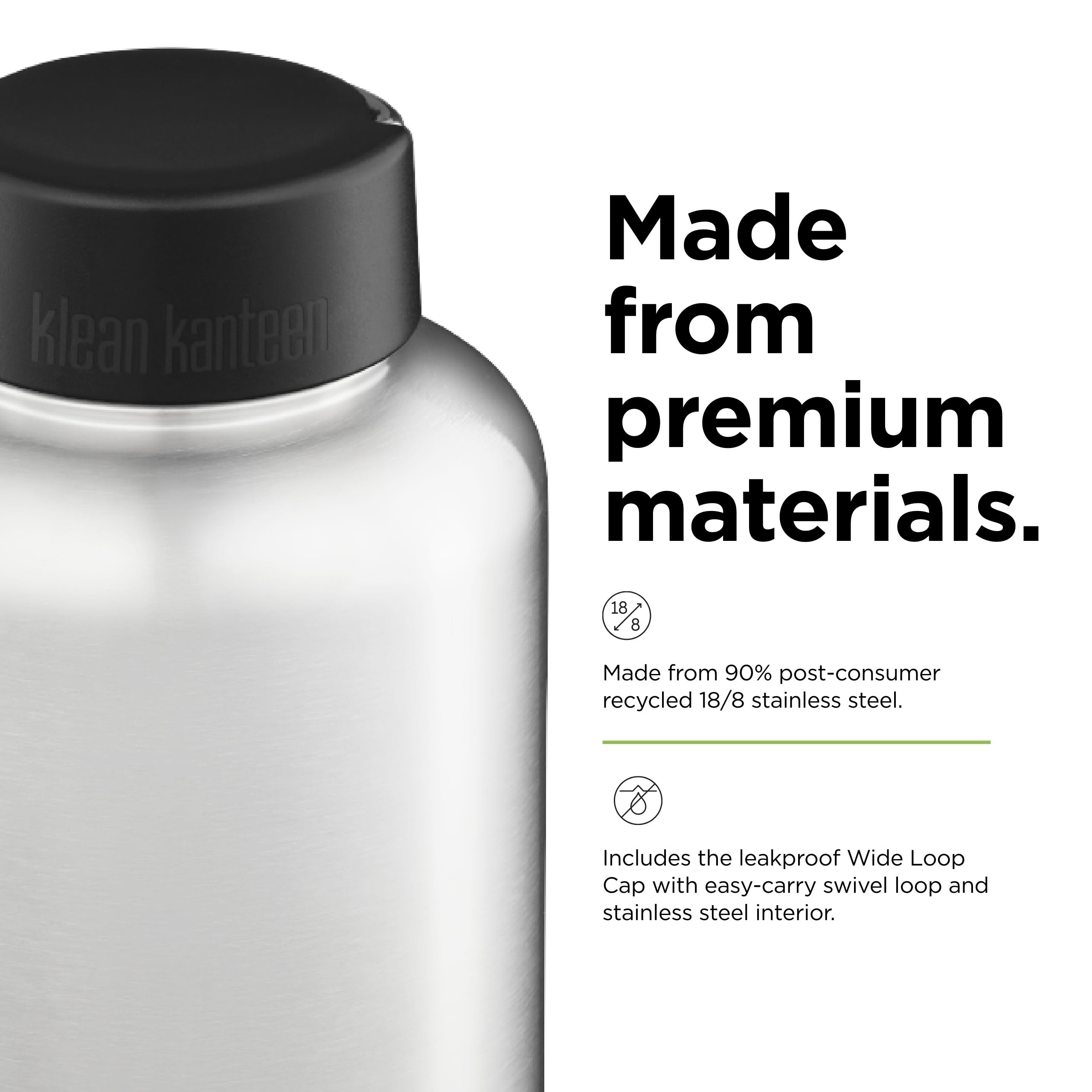 Klean Kanteen 64oz Wide Mouth Stainless Steel Water Bottle with Wide Loop Cap - Single Wall, Brushed Finish - Perfect for Hiking, Gym & Outdoor Activities