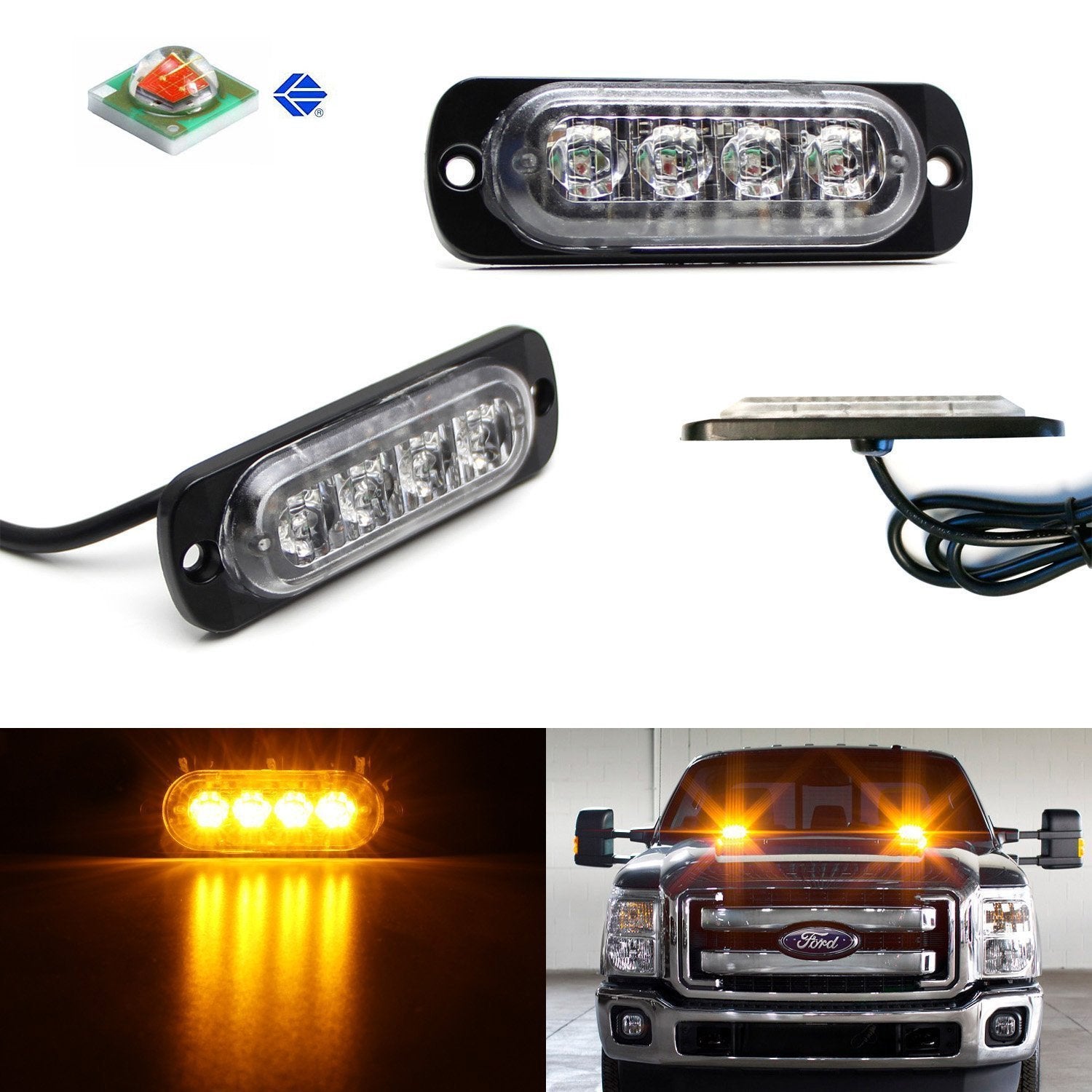 2-Pack Amber LED Strobe Warning Lights for Trucks, Trailers, Pickups & SUVs - Emergency Vehicle Safety Flashers for Roadside Hazards, Construction Zones & Nighttime Visibility