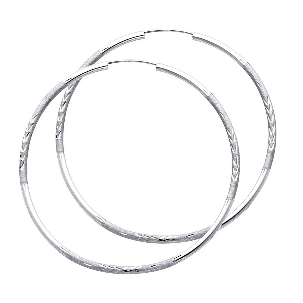 14K White Gold 2mm Budded Sparkle Cut Endless Hoop 60mm Earrings - Elegant Women's Hoop Earrings for Everyday Wear, Date Night & Special Occasions