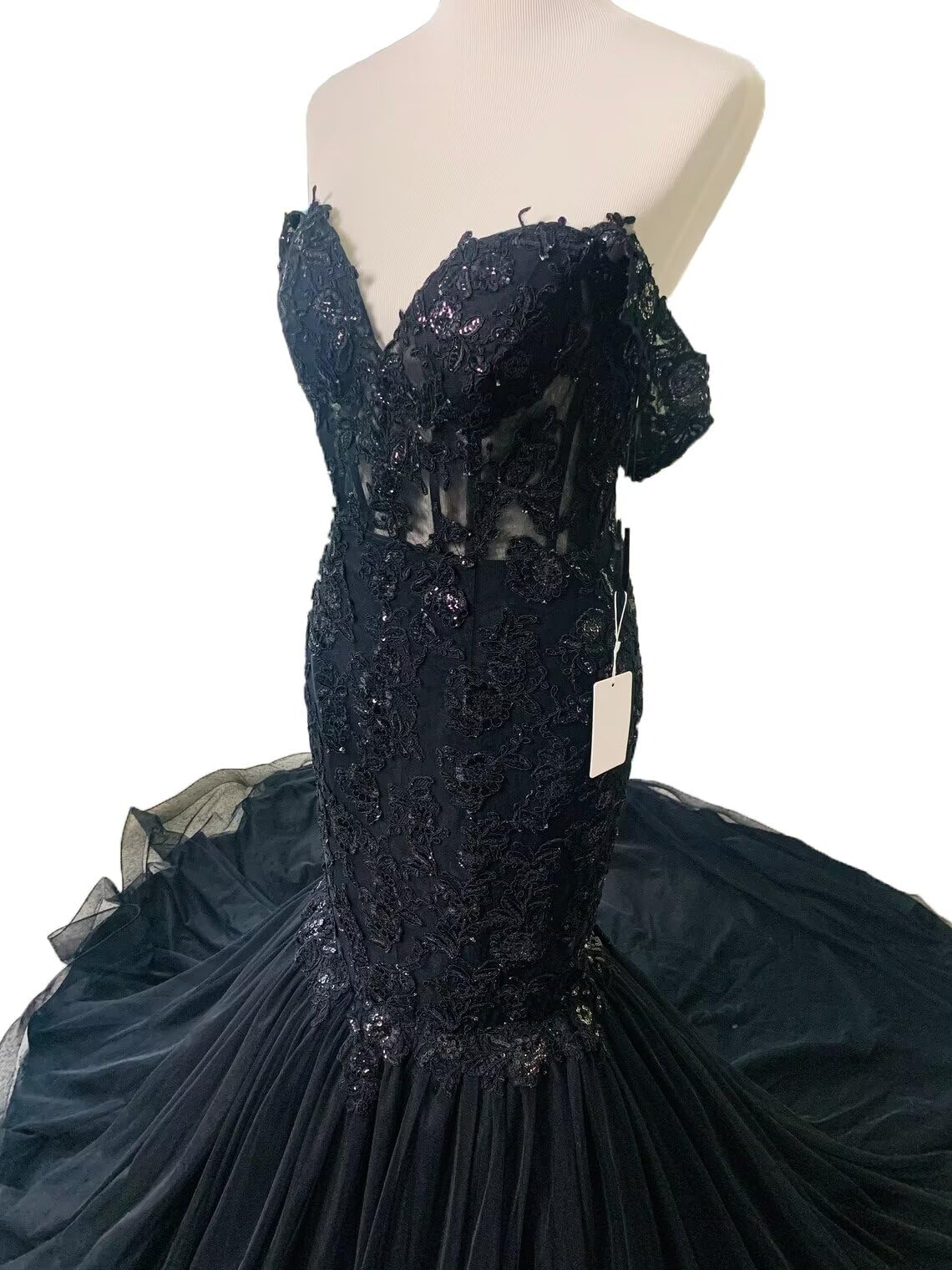 Elegant Off-Shoulder Lace Tulle Mermaid Wedding Dress for Bride - Long Black Bridal Gown for Beach, Church & Formal Weddings