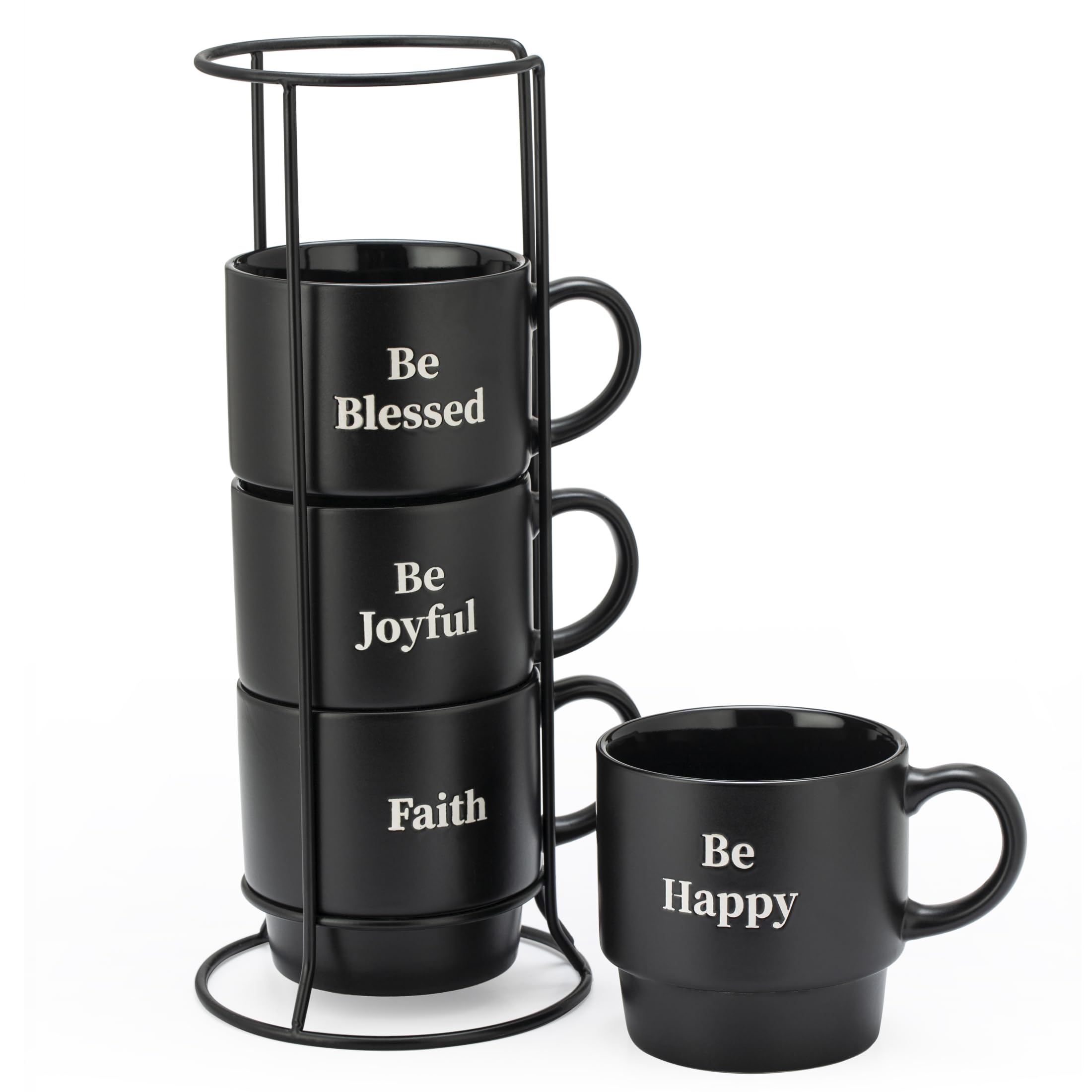 Happy Stackable Stoneware Coffee Mug Set - 4-Pack, 15oz for Coffee, Tea & Hot Drinks - Matte Black