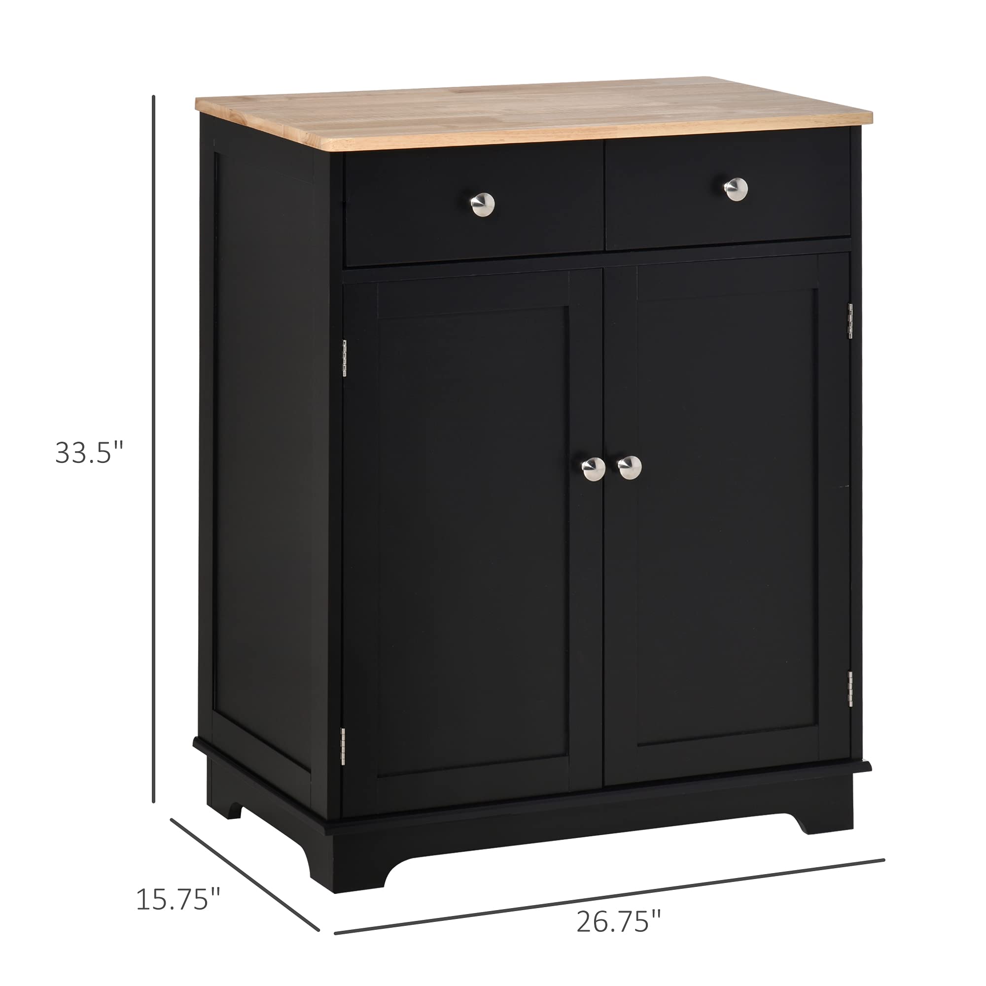 HOMCOM Modern Sideboard with Solid Wood Countertop - Kitchen Storage Cabinet, Coffee Bar Organizer with 2 Drawers & Doors, Adjustable Shelf - Black - Perfect for Dining Room, Living Room & Home Office Storage