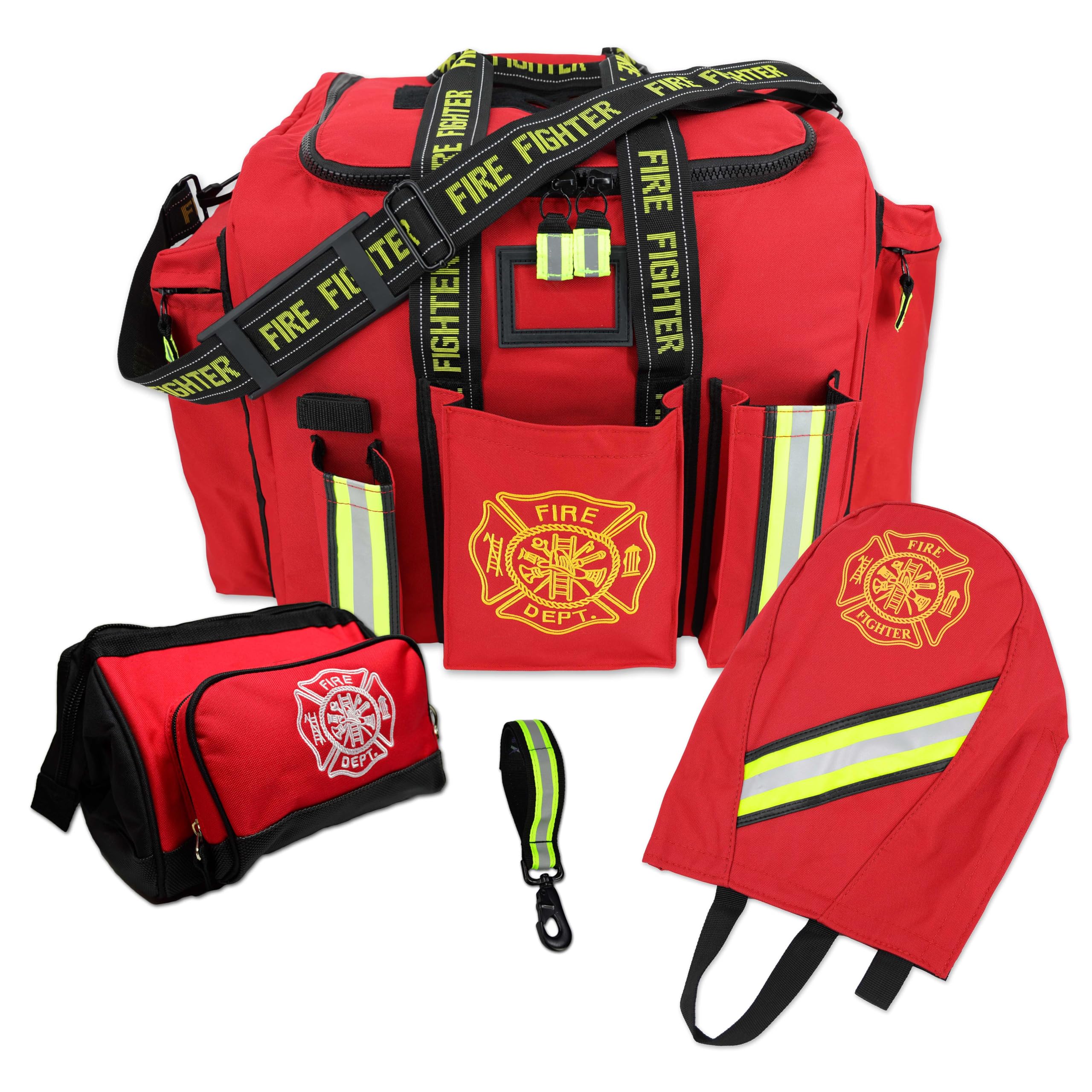 Premium Firefighter Turnout Gear Bag with Glove Strap & SCBA Mask - Captain's Bundle (Red) - Durable Firefighting Equipment for Emergency Response & Station Storage