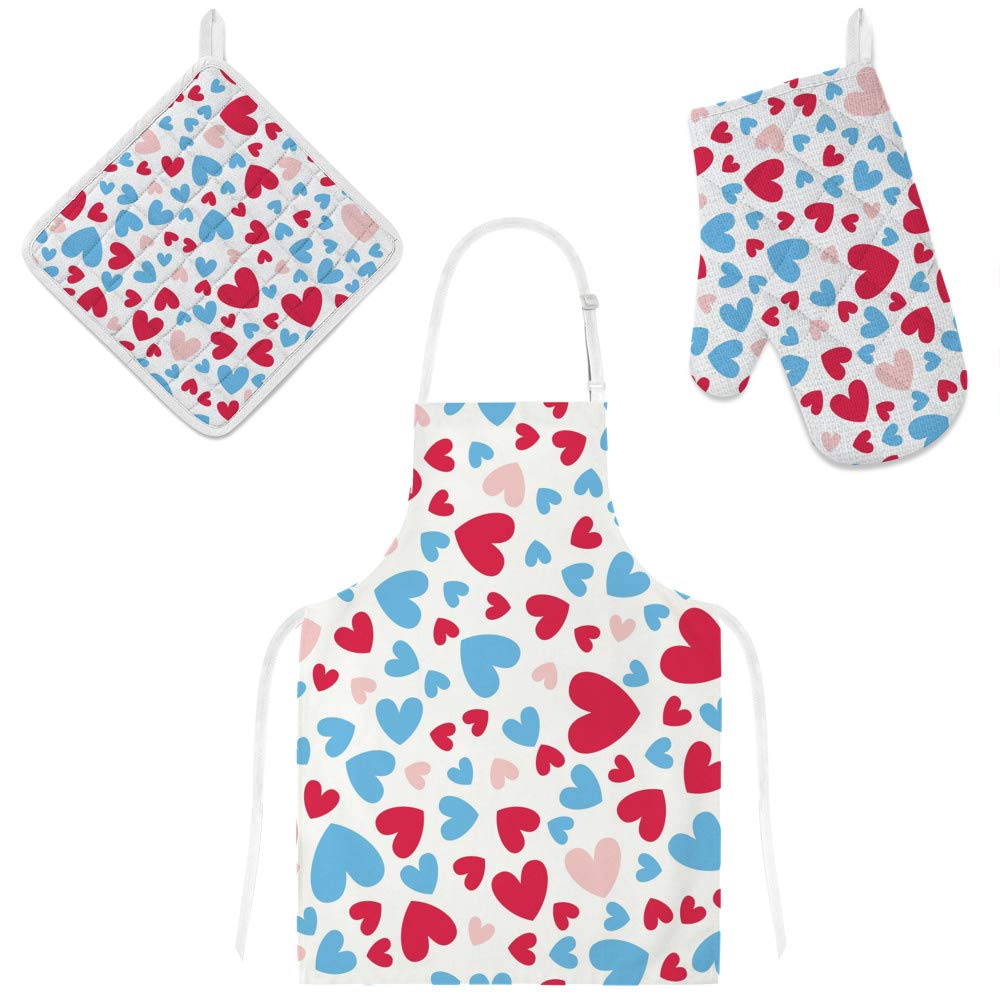Heat-Resistant Cooking Apron with Microwave Oven Mitts & Pot Holder Set - Red Pink Blue Hearts Design for Grilling, Baking & Kitchen Decor (3-Piece Kitchen Accessories) - Perfect for BBQ, Baking & Home Cooking Protection