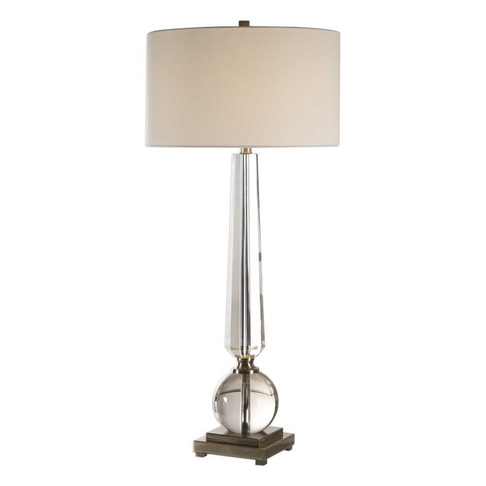 Elegant 1-Light Crystal Table Lamp with White Linen Drum Shade - 3-Way Switch - Perfect for Bedroom Nightstand, Living Room End Table, or Office Desk Lighting