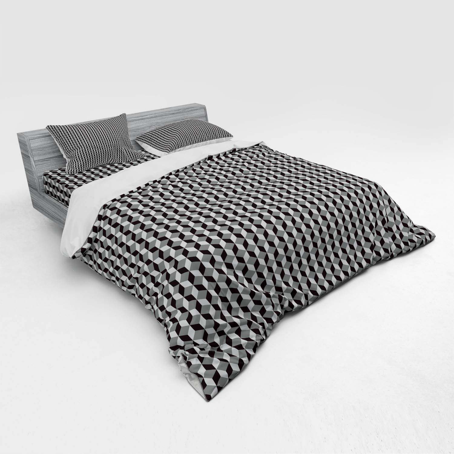 Ambesonne Geometric Duvet Cover Set - King Size 4-Piece Bedding with Herringbone Zigzag & Stacked Cubes Pattern in Black, Grey & Pale Grey | Includes Shams & Fitted Sheet | Modern Bedroom Decor for Contemporary Homes