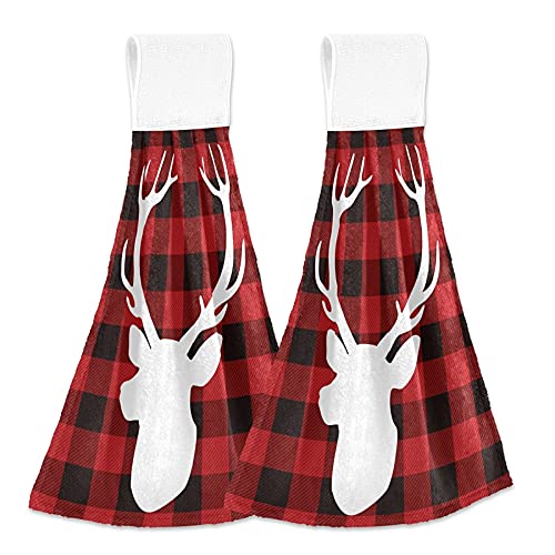 Christmas Lumberjack Deer Kitchen Towels - Red Buffalo Plaid Hanging Hand Towel Set of 2 - Soft Absorbent Coral Velvet for Bathroom, Dish Drying & Oven Handle - Perfect for Holiday Decor & Farmhouse Kitchen Decor