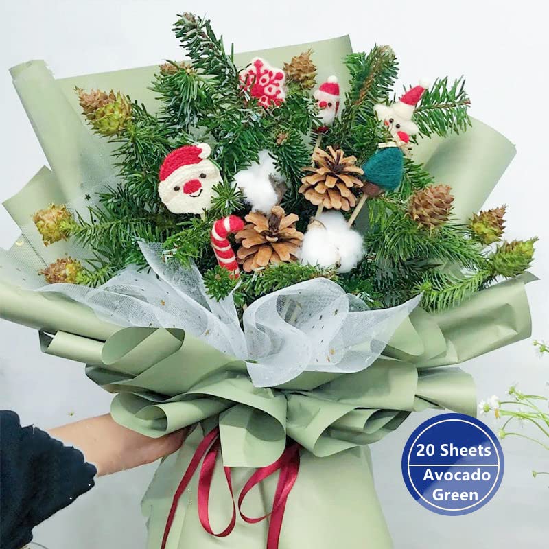 Premium Korean Style Waterproof Flower Wrapping Paper - 20 Sheets (58x58cm/22.8x22.8in) for Bouquets, DIY Crafts & Gift Wrapping - Avocado Green - Perfect for Weddings, Birthdays & Floral Arrangements
