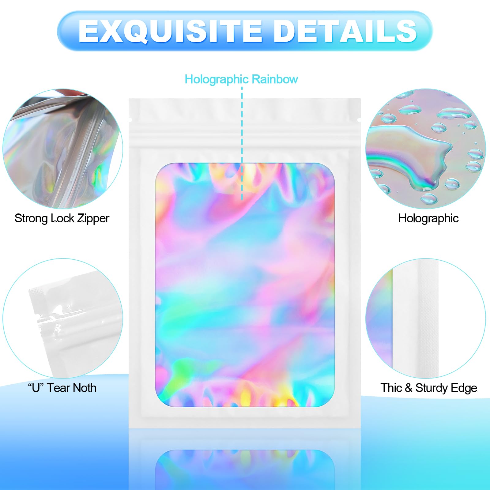 100-Pack Smell Proof Mylar Bags - Resealable Holographic Pouch with Clear Window for Food Storage, Eyelash, Jewelry & Electronics (4x6 Inches, White) | Airtight Packaging for Freshness & Odor Control - Perfect for Kitchen, Travel & Organizing Small Items