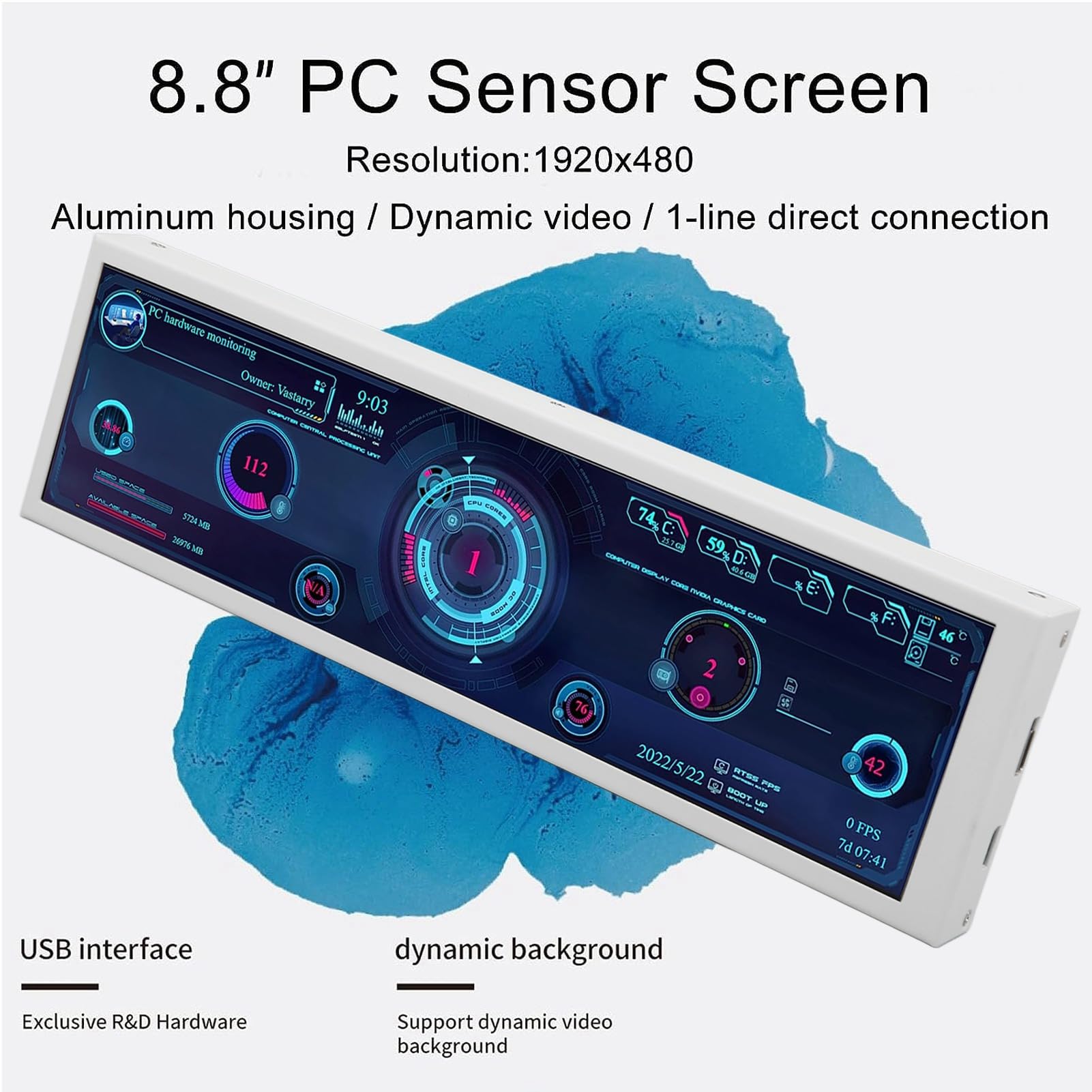 Goshyda 8.8 Inch PC Temperature Monitor with IPS Mini Secondary Screen - 360° Auto Rotation for CPU GPU Monitoring, Aida 64 Support (Touch Screen) - Perfect for Gaming PCs, Workstations, and PC Builders