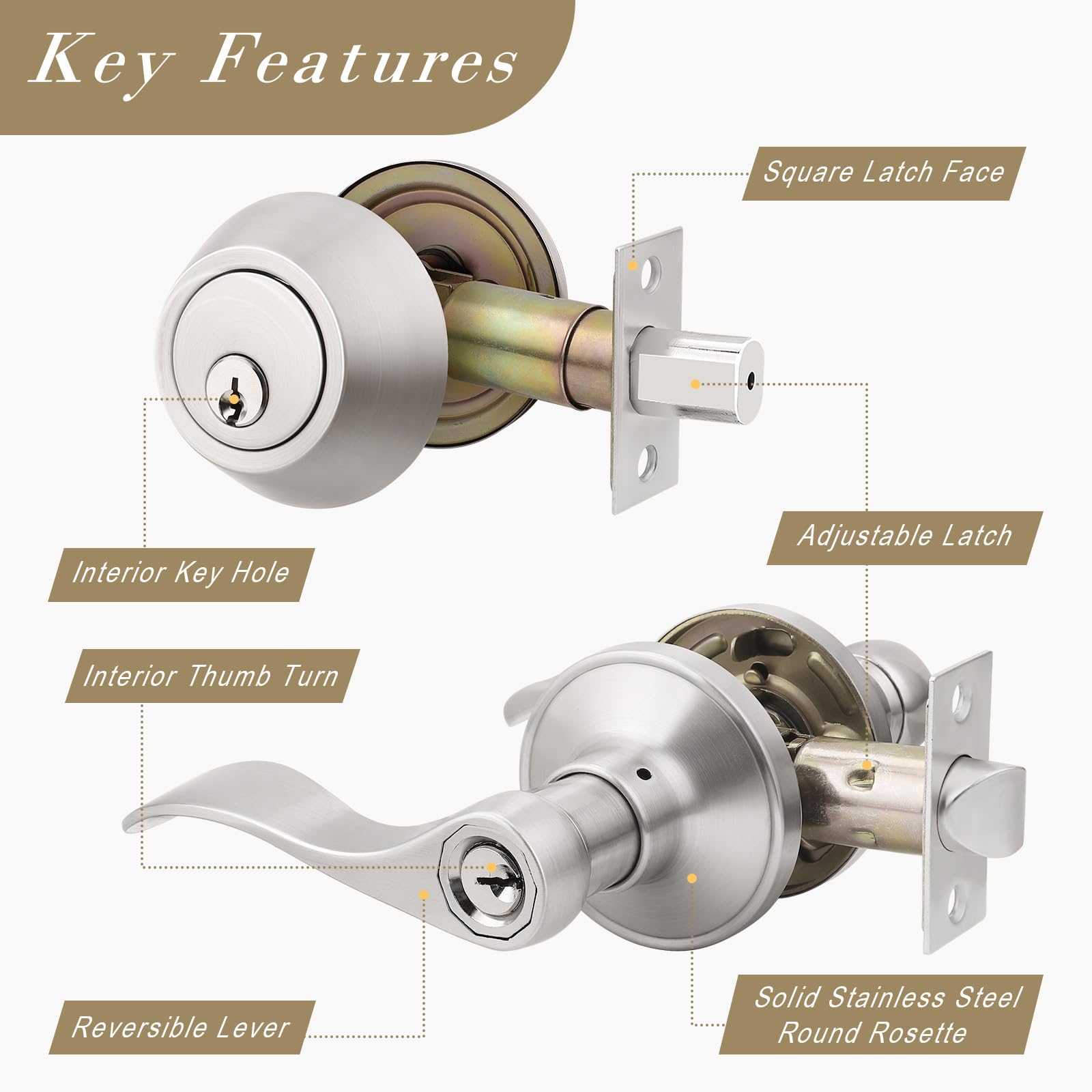3 Pack Keyed Entry Door Lock Set - Keyed Alike Single Cylinder Deadbolt with Wave Style Handle, Satin Nickel Finish, Reversible Leverset for Home Security | Perfect for Bedroom, Front Door, Office & Apartment Use
