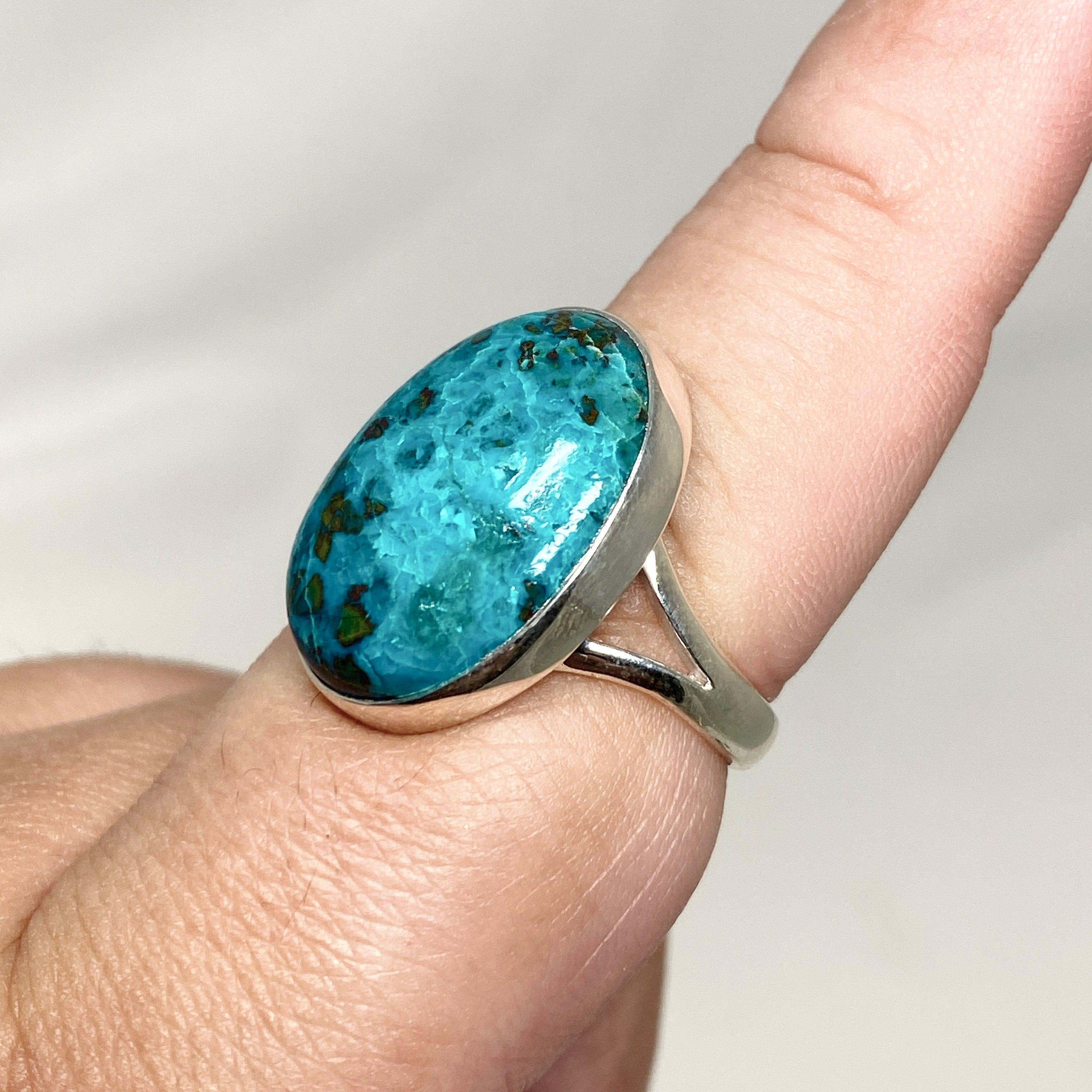 Chrysocolla Shattuckite Dioptase Oval Split Band Ring Size 9 - Natural Gemstone Jewelry for Women, Healing Crystal Ring for Meditation & Energy Work KRGJ3230