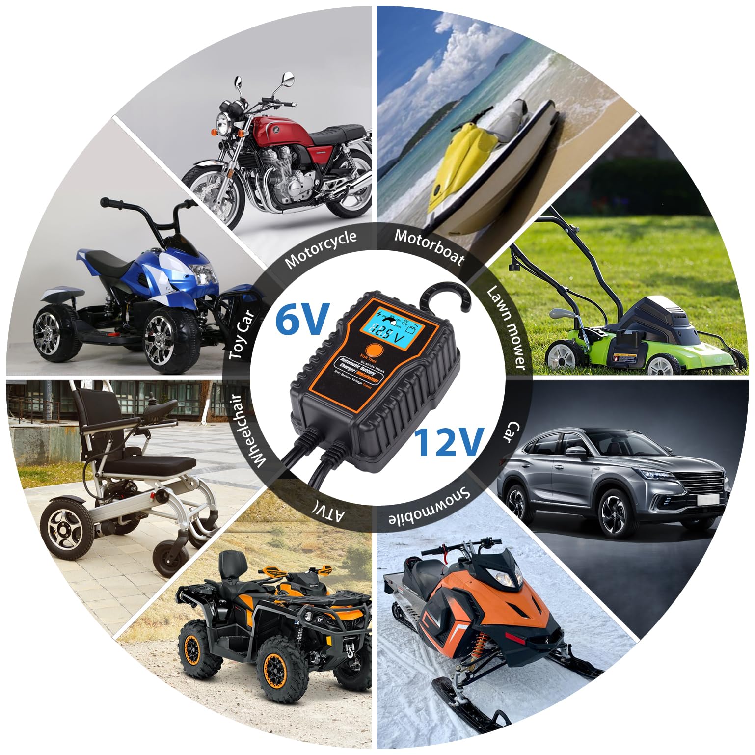 12V 750mA Automatic Battery Trickle Charger & Maintainer with LCD Display - for Motorcycle, ATV, Lawn Mower, Car, Boat - Keep Batteries Charged in Storage & Winter Months