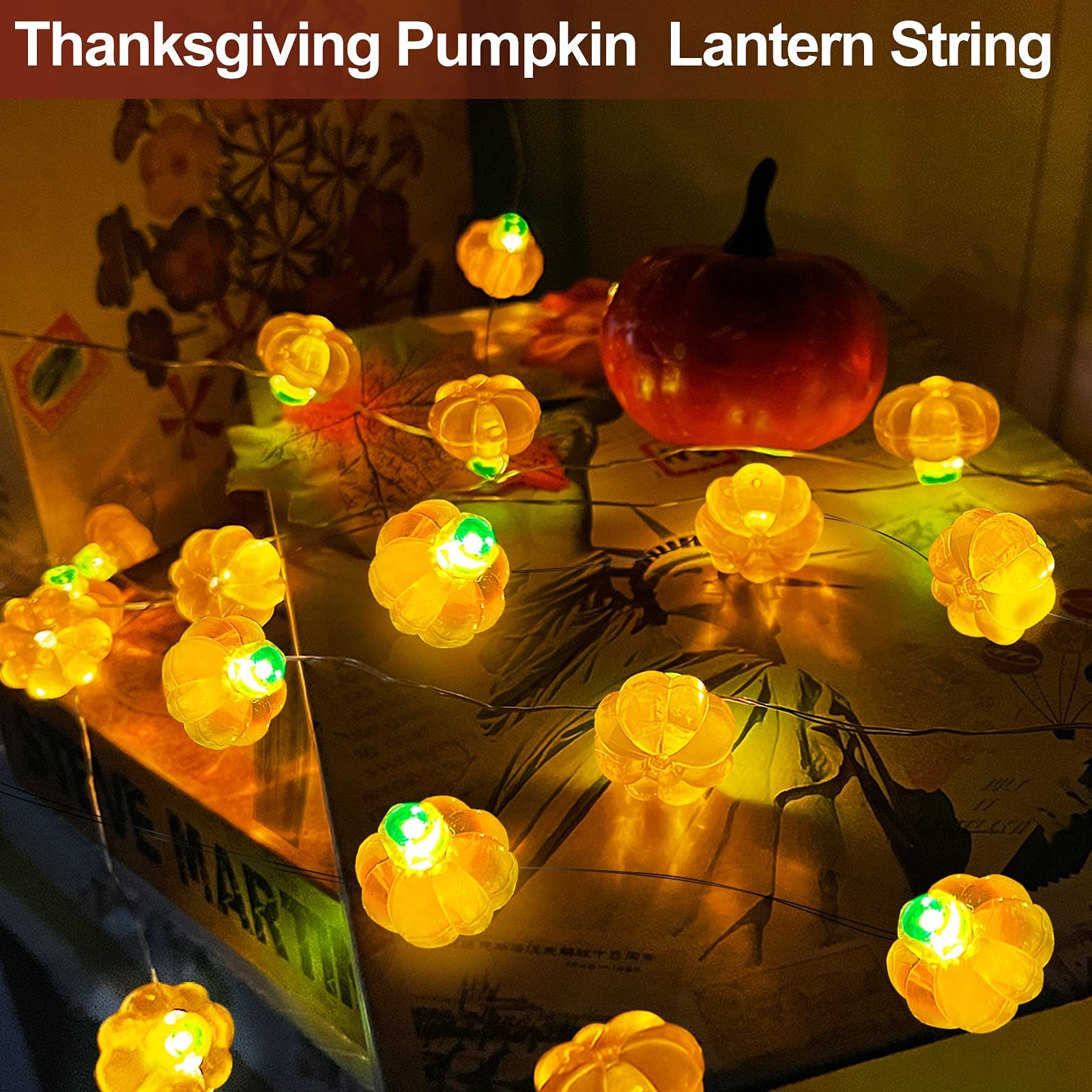 TURNMEON 40LED 13Ft Thanksgiving String Lights - 3D Pumpkin Lights Battery Operated for Indoor Outdoor Fall Decor | Perfect for Thanksgiving, Halloween, Autumn Harvest Home & Party Decorations