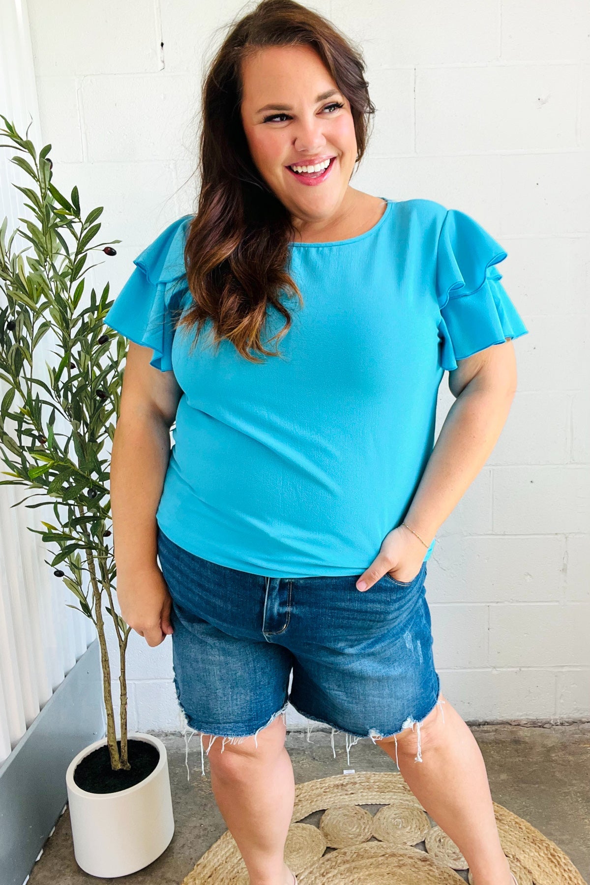 Stylish Blue Tiered Double Ruffle Sleeve Woven Top for Women | Casual Summer Blouse | Perfect for Dates, Office & Outdoor Events