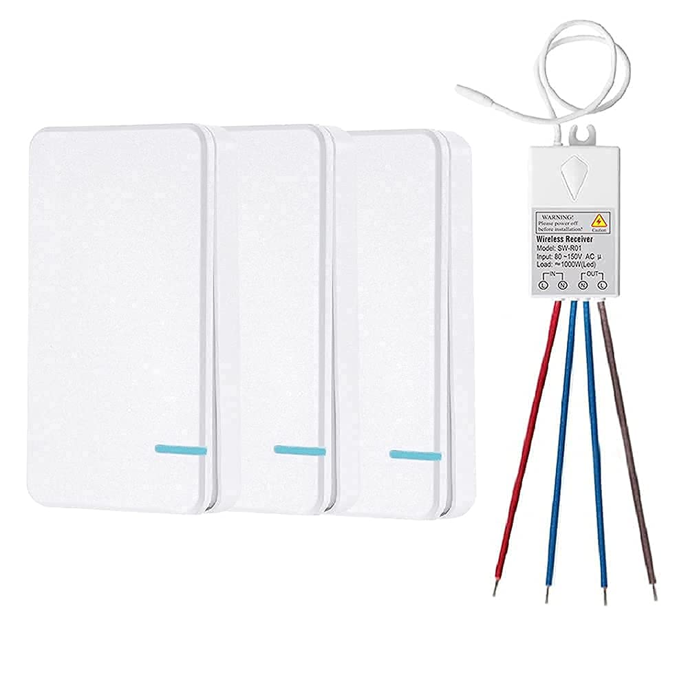 Thinkbee Wireless Light Switch and Receiver Kit - No Wiring Needed, Remote Control for Outdoor Lights, Ceiling LED Lamps (3 Switches + 1 Receiver) - Perfect for Home, Garage, and Backyard Lighting Control