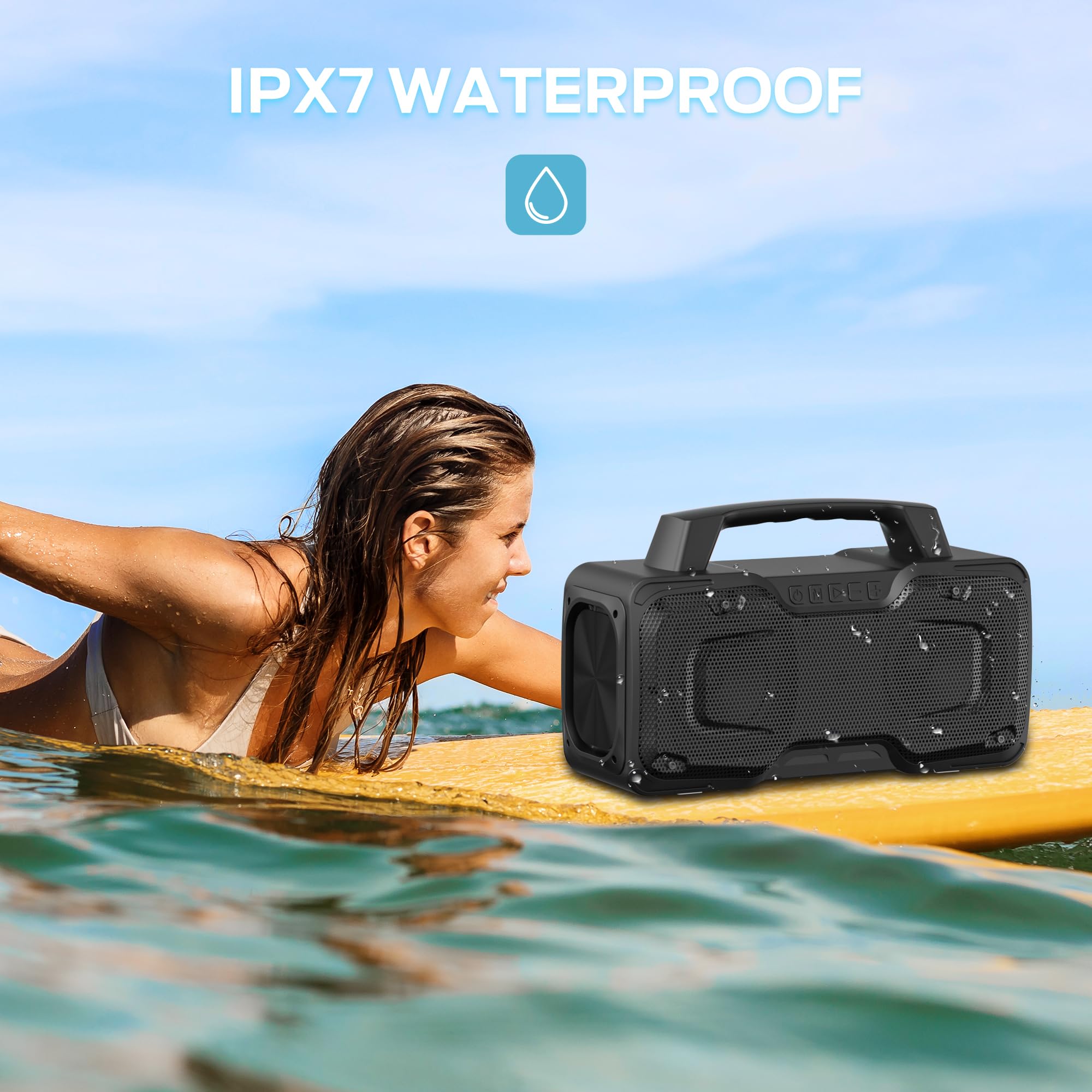 BUGANI 80W Powerful Bluetooth Speaker - IPX7 Waterproof Portable Wireless Speaker with Handle, 24H Playtime, Microphone/AUX/USB Support - Perfect for Outdoor Parties, Poolside, Beach & Camping (Black)