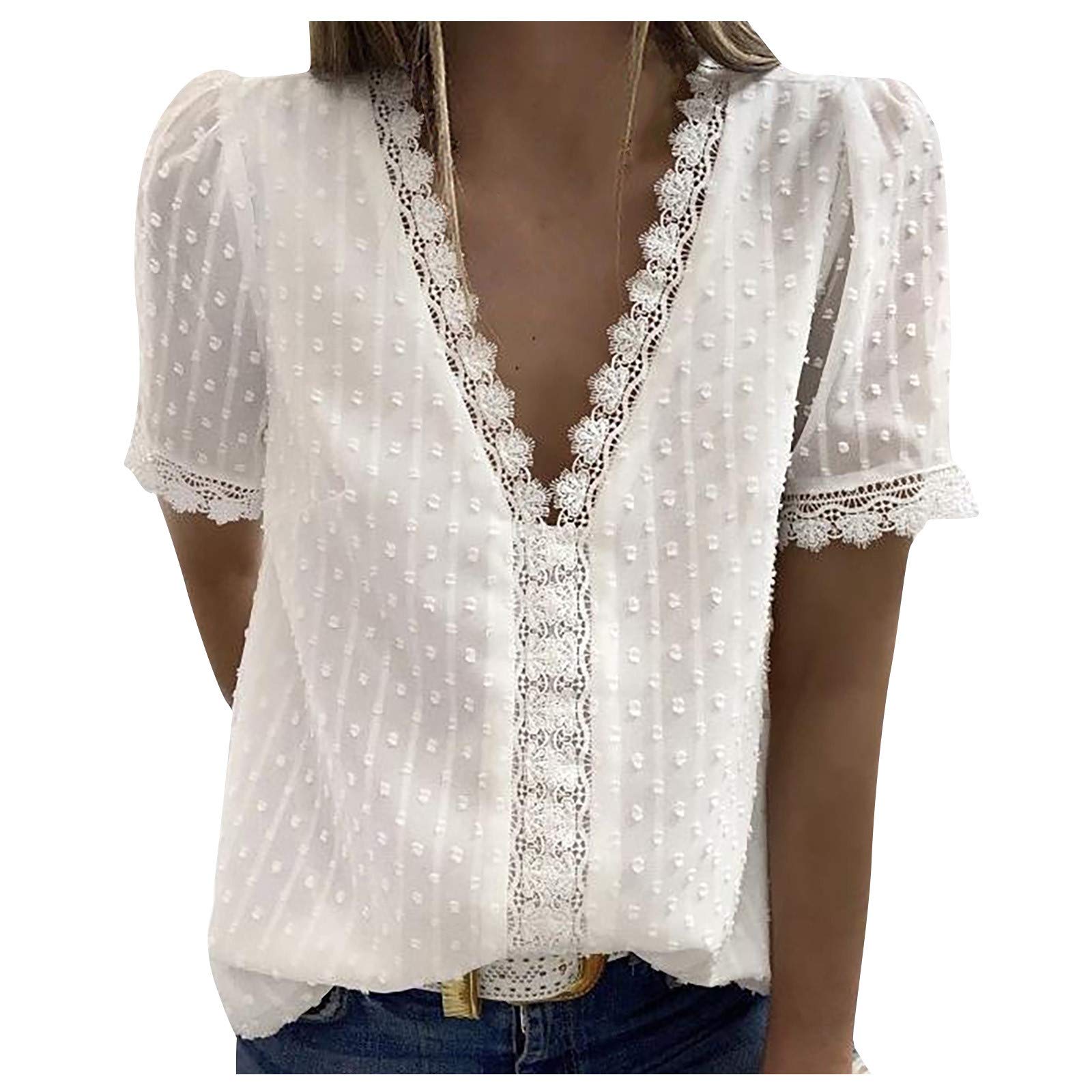 Fashion Women's V-Neck Lace Sleeve Casual T-Shirt - Solid Color Short Sleeve Blouse for Everyday Wear & Summer Outfits